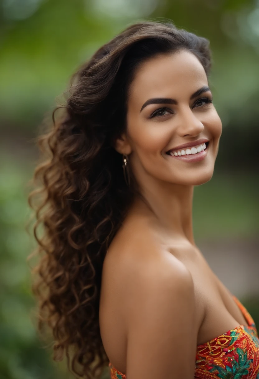 Senhora de 30 anos, tiro no peito, olhos negros, cabelos pretos, fundo quente, Sorriso