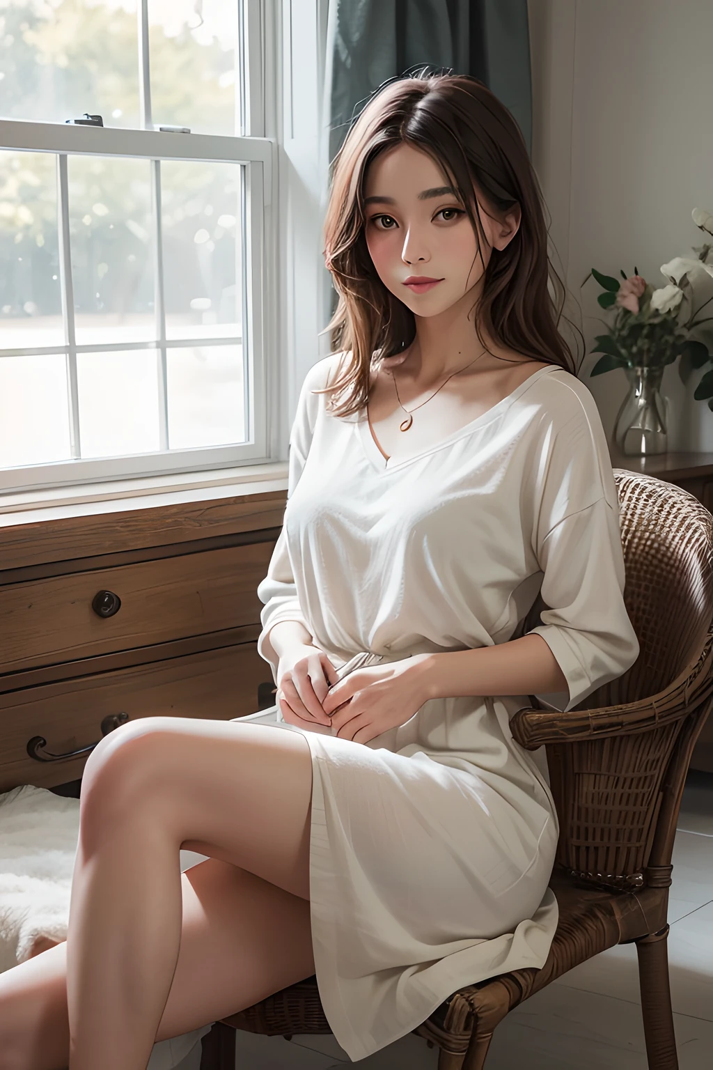 (top-quality、hight resolution、masterpiece:1.3)、Pretty women、Slender figure、smile,shiny skin peal skin Dark brown hair styled in loose waves、tshirts、Intricate details exquisitely rendered in the texture of the face and skin、sexy pose,A detailed eye、二重まぶた