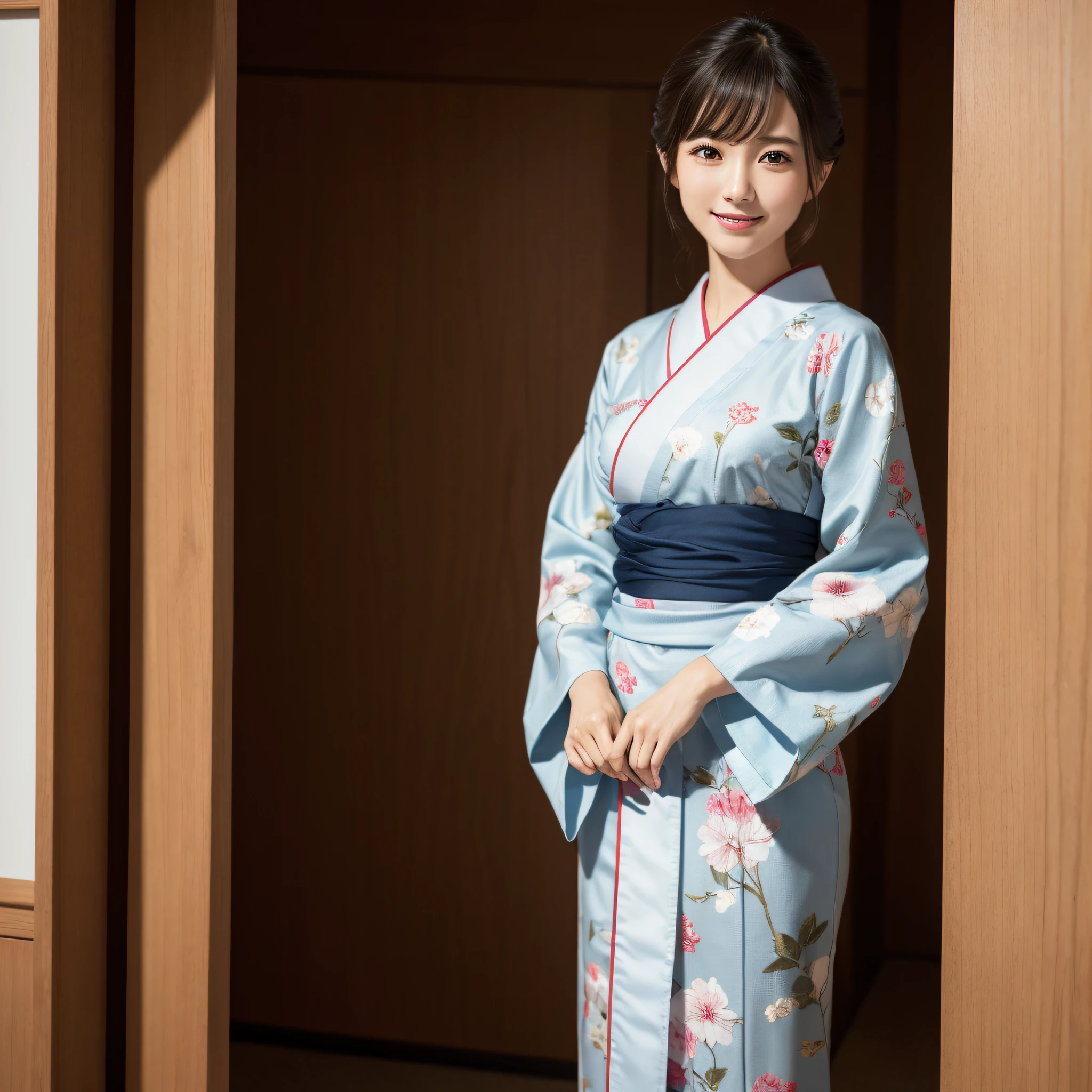 Beautiful woman in neat Japanese clothes、((best qualtiy、8k masterpieces:1.3))、foco nítido:1.2、(ultra beautiful faces:1.0)、(shinny skin:1.0)、photos realistic、A dark-haired、Video Lighting、High-definition eyes and face、Video Lighting、Japan Idol Actress、from the front side、medium breasts、Smile、Slender Abs Beauty、Whole body、In furisode