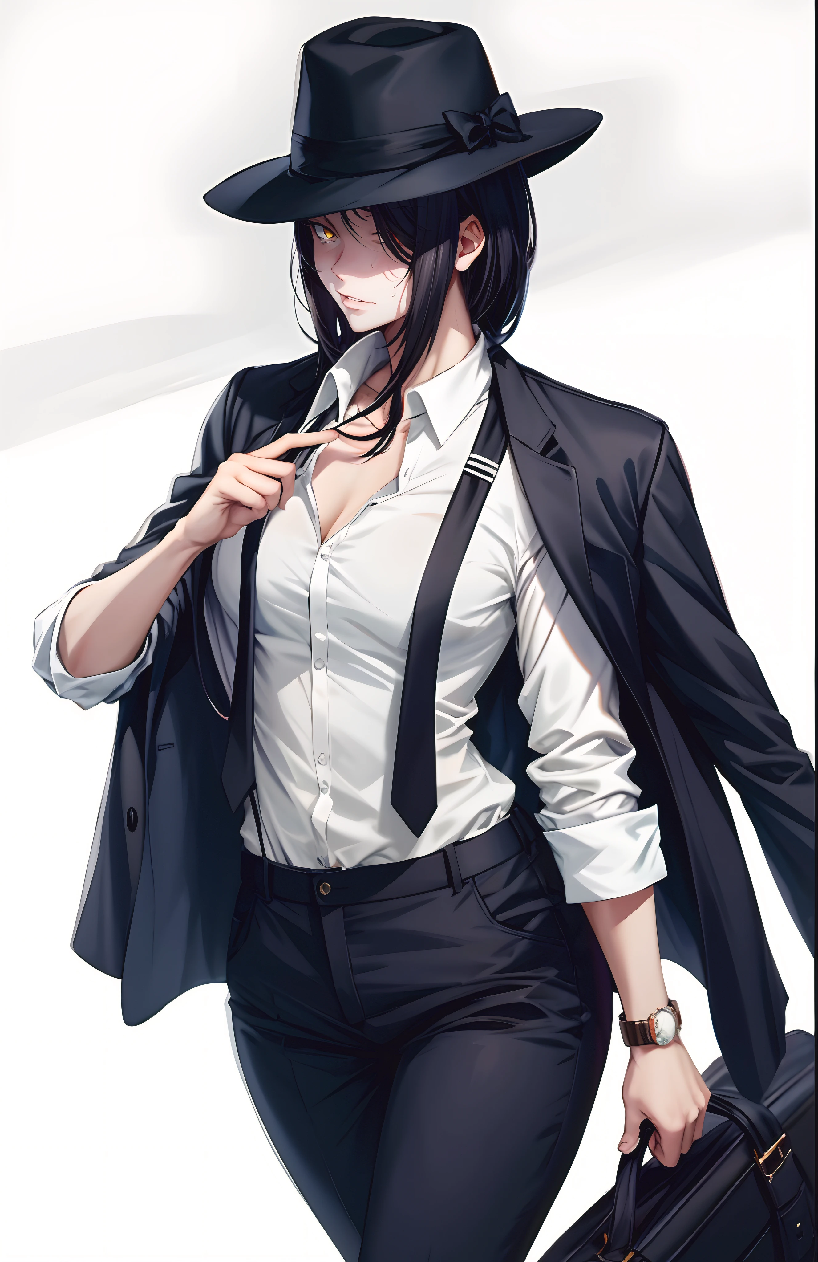 wristwatch, jacket_on_shoulders, watch, pants, striped, shirt, black_pants, hat, white_shirt, 1girl, black_hair, striped_background, jacket, collared_shirt, vertical_stripes, solo, black_jacket, formal, necktie, gun, suit, holding, holding_gun, short_hair, cane, brown_eyes, belt, holding_weapon, dress_shirt, ring, bangs, cowboy_shot, glow effects, godrays, Hand drawn, render, 8k, octane render, cinema 4d, blender, dark, atmospheric 4k ultra detailed, cinematic, Sharp focus, big depth of field, Masterpiece, colors, 3d octane render, 4k, concept art, trending on artstation, hyperrealistic, Vivid colors, extremely detailed CG unity 8k wallpaper, trending on CGSociety, Intricate, High Detail, dramatic, anime coloring, anime screencap,