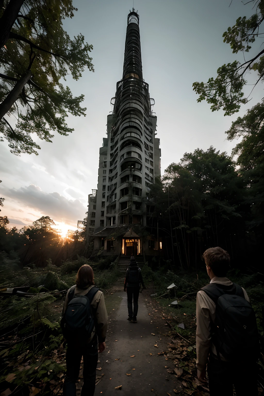 In a dense, gloomy forest, Tall, twisted trees stood above the ground covered with dead leaves. The noises of nature slowly faded away as the sun sank behind the treetops. Five Young Adventurers, Armed with flashlights and cameras, se adentraron valientemente en la oscuridad, heading to an old, abandoned mansion in the distance.