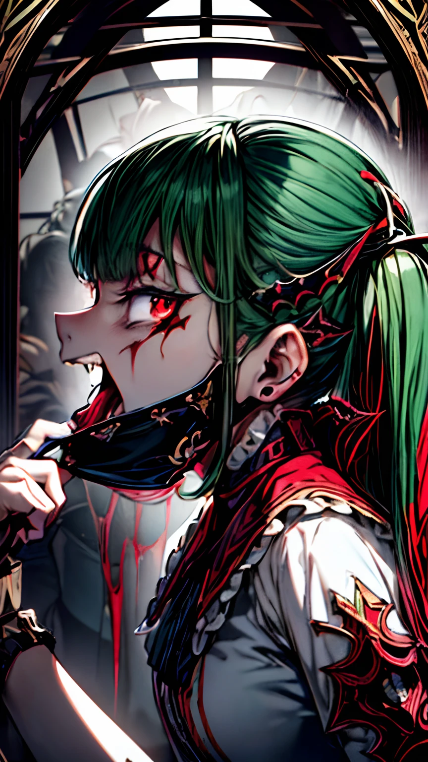 Pull the mask、Vampire、🧛♀️、dead body、Blood everywhere、blood splashing、dark hue、Red hue、、long、Green hair、Twin-tailed、Ahegao ( Silly / Sexual ecstasy)、Cross-eyed、Stranger、View other people、Blunt bangs、 over-kneehighs,Ahegao , Silly,Sexual ecstasy,Drunken eyes,Blunt bangs, Green hair,(masutepiece:1.2, Best Quality), (finely detailed beautiful eye: 1.2), (Detailed background,Dark Fantasy), (beautifull detailed face), High contrast, (Best Illumination, extremely delicate and beautiful), ((Cinematic Light)), Colorful, Hyper Detail, Dramatic light, Intricate details,