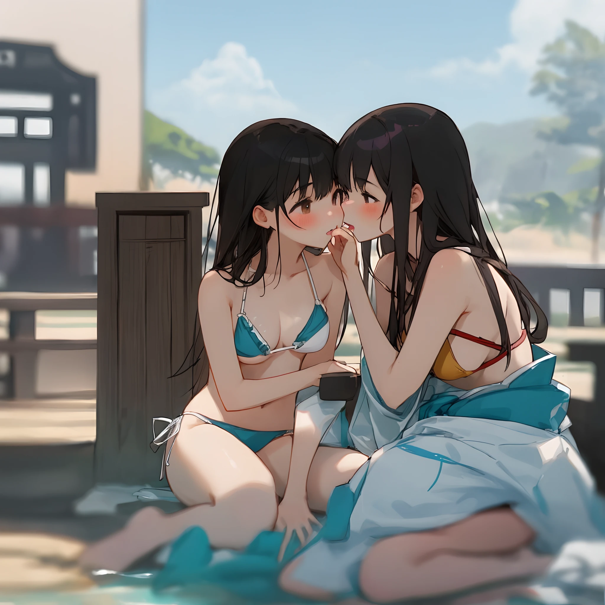 Japanese girl and Chinese girl kissing with bikinis on