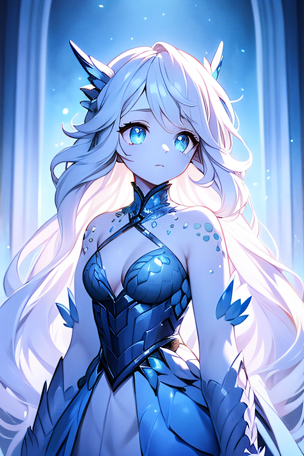 1girl, highly detailed, glowing blue eyes, wavy short white hair, ornate dress, masterpiece, pale blue scales, scales near eyes