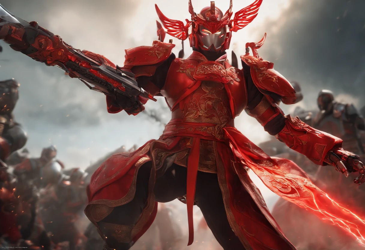 (best quality,masterpiece:1.2,ultra-high resolution, RAW photography:1.4, Ultra wide angle), combat, left fist attack, attack, dynamic, motion blur: 1.4, Sky, clouds, right weapon attack, (Red is the main color:1.4), luminescence, glowing_eyes, robots, mecha, exquisite fairy costumes, ancient Chinese costumes,