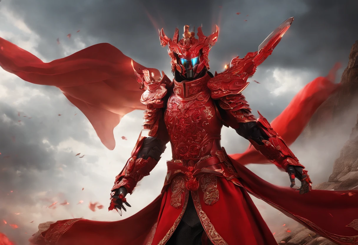 (best quality,masterpiece:1.2,ultra-high resolution, RAW photography:1.4, Ultra wide angle), combat, left fist attack, attack, dynamic, motion blur: 1.4, Sky, clouds, right weapon attack, (Red is the main color:1.4), luminescence, glowing_eyes, robots, mecha, exquisite fairy costumes, ancient Chinese costumes,
