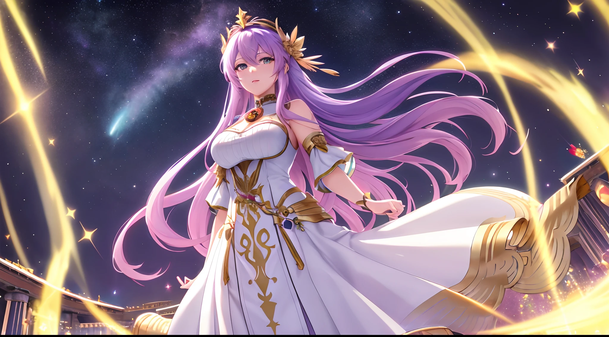 Athena with plain long light purple hair,hair between eyes,green eyes,rosy cheeks,full lips,thin eyebrows,slender body,wearing regal dress with symbols of gates and the underworld and full long skirt,cute anime girl,full body,desert night sky nebulae and stars in background,anime style,Lumen Reflections,Screen Space Reflections,Diffraction Grading,Chromatic Aberration,GB Displacement,Scan Lines,Ray Traced,Anti-Aliasing,FXAA,TXAA,RTX,SSAO,Shaders,OpenGL-Shaders, GLSL-Shaders,Post Processing,Post-Production,cell Shading,Tone Mapping,CGI,VFX,SFX,insanely detailed and intricate, 4K,standing, solo, masterpiece, best quality, detailed face, detailed eyes, highres, standing, solo,masterpiece, best quality