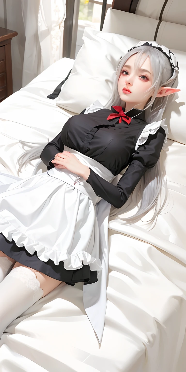 masterpiece, best quality, 1girl, on bed, small breasts, long hair, white hair, red eyes, collar, looking back, , top-down bottom-up, on stomach, thighhighs, huge ass, ,