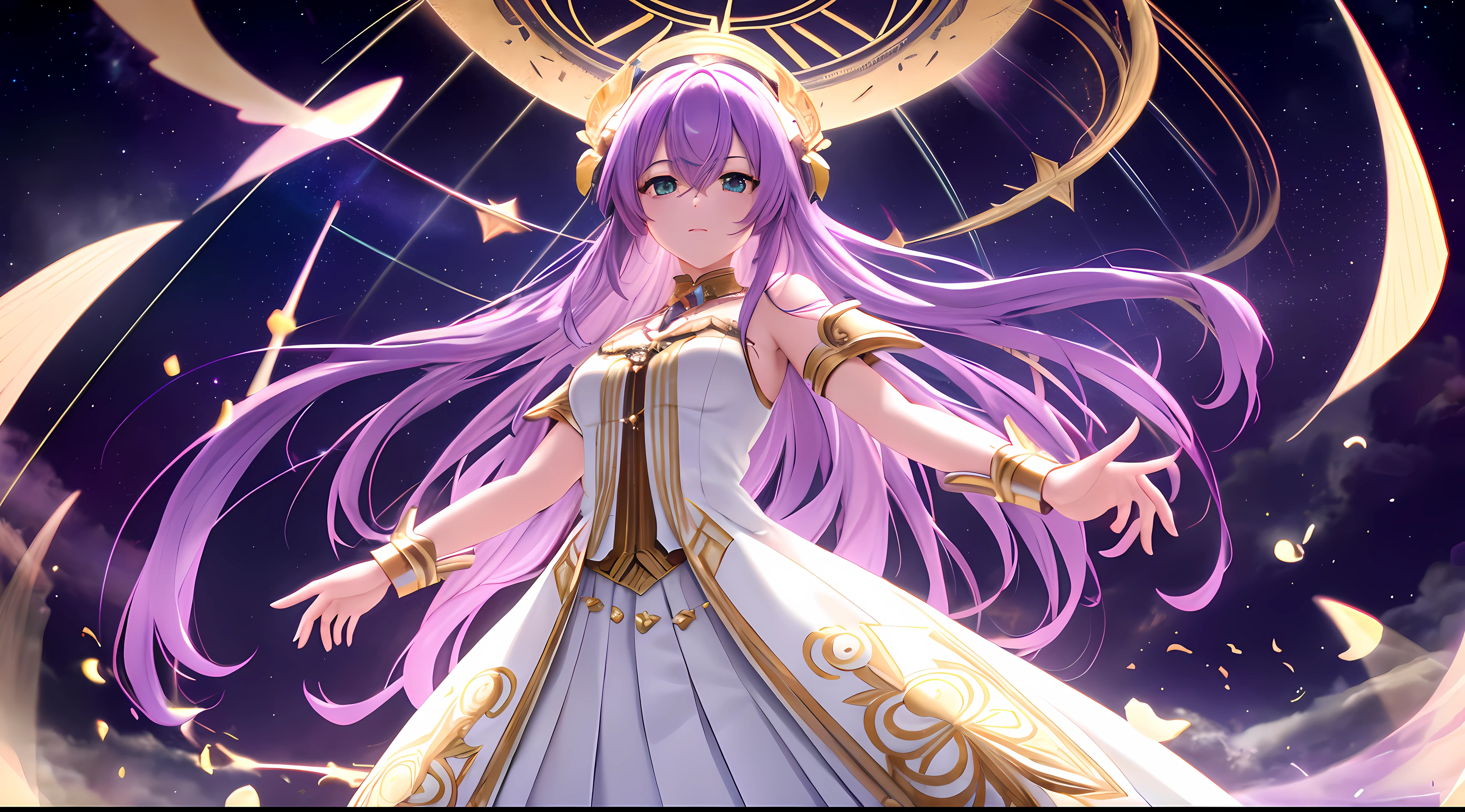 Athena with plain long light purple hair,hair between eyes,green eyes,rosy cheeks,full lips,thin eyebrows,slender body,wearing regal dress with symbols of gates and the underworld and full long skirt,cute anime girl,full body,desert night sky nebulae and stars in background,anime style,Lumen Reflections,Screen Space Reflections,Diffraction Grading,Chromatic Aberration,GB Displacement,Scan Lines,Ray Traced,Anti-Aliasing,FXAA,TXAA,RTX,SSAO,Shaders,OpenGL-Shaders, GLSL-Shaders,Post Processing,Post-Production,cell Shading,Tone Mapping,CGI,VFX,SFX,insanely detailed and intricate, 4K,standing, solo, masterpiece, best quality, detailed face, detailed eyes, highres, standing, solo,masterpiece, best quality