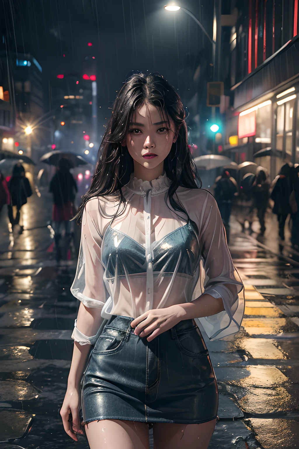 (best quality, 8k, highres, masterpiece:1.2), realistic rain effect, transparent/water-soaked clothes, raindrops on skin, wet hair, city lights reflecting on the rain-soaked streets, vibrant colors, dramatic lighting, moody atmosphere.