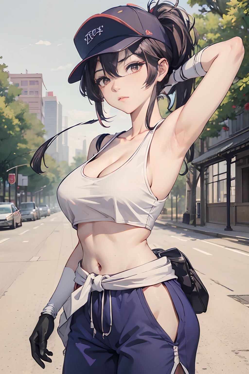 tmasterpiece， Best quality at best， pdsivir， baseball cap， pony tails， White crop top top， gloves on the elbow， shorter pants， Clothes around the waist，big cleavage breasts， Red thighs and thighs， from the front side， looking at viewert， The arms are behind the head， the street， Wagas， 城市