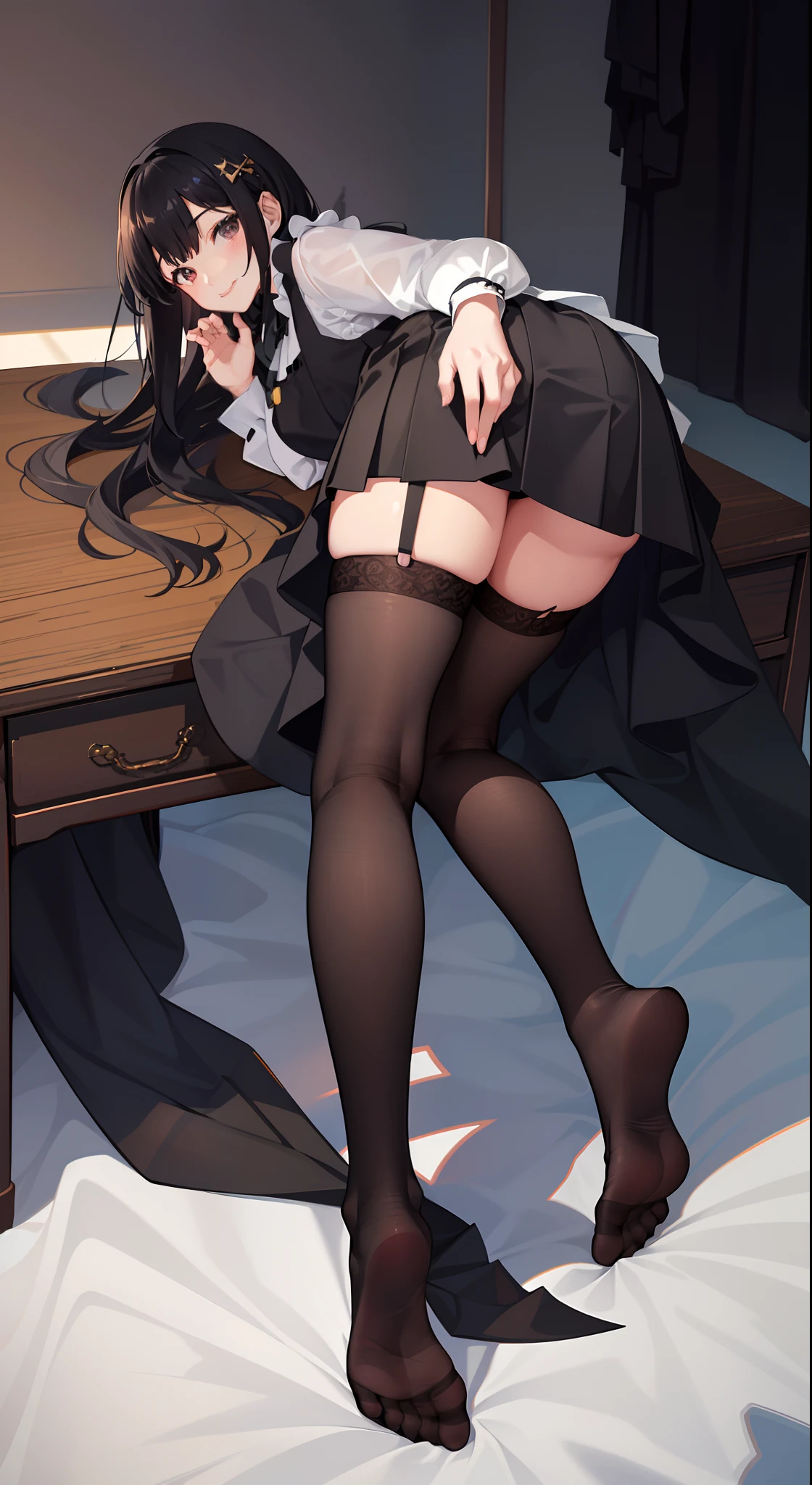 1girl in、A smile、A delightful!　The shirt、skirt by the、（small tits）pinafore、doress、hair adornments、（Maids）、((bend over)) 、under the desk 、 beatiful ass , black hair , ((black stockings)) , 20 years old , beatiful feet , sexy feet