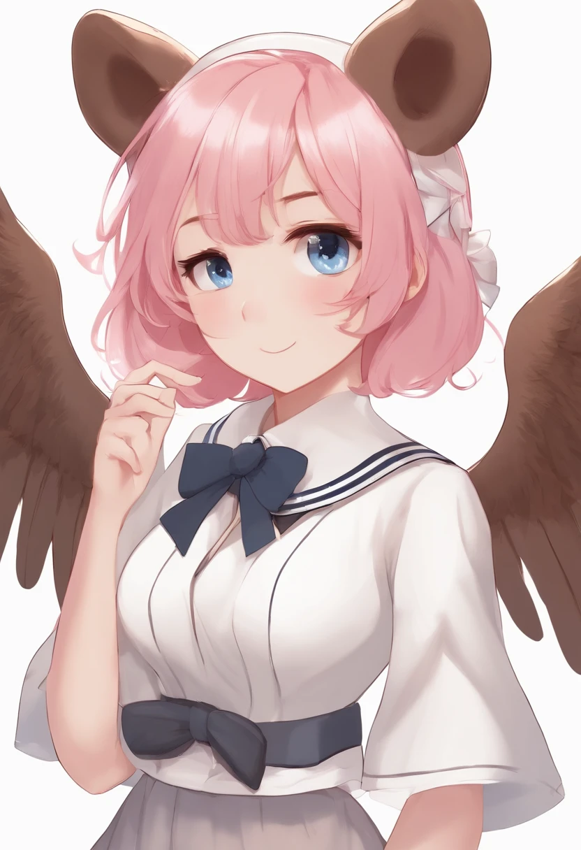 skistyle, 1girl, solo, pink hair, animal ears, blue eyes, wings, looking at viewer, mole, bangs, short hair, bow, sailor collar, simple background, white sailor collar, mole under mouth, hair bow, pink bow, closed mouth, shirt, white shirt, bear ears, bob cut, mini wings, grey background, portrait, detached wings, makeup, upper body, white background