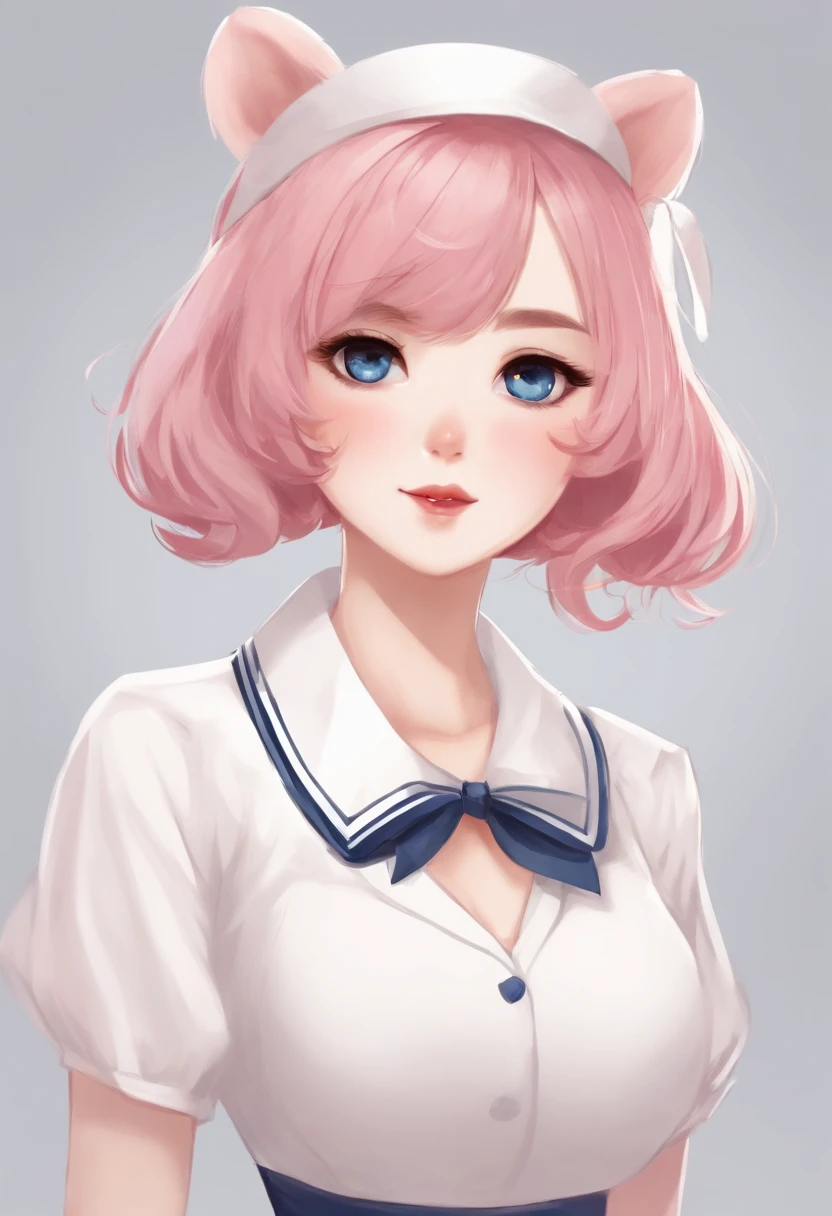 skistyle, 1girl, solo, pink hair, animal ears, blue eyes, wings, looking at viewer, mole, bangs, short hair, bow, sailor collar, simple background, white sailor collar, mole under mouth, hair bow, pink bow, closed mouth, shirt, white shirt, bear ears, bob cut, mini wings, grey background, portrait, detached wings, makeup, upper body, white background