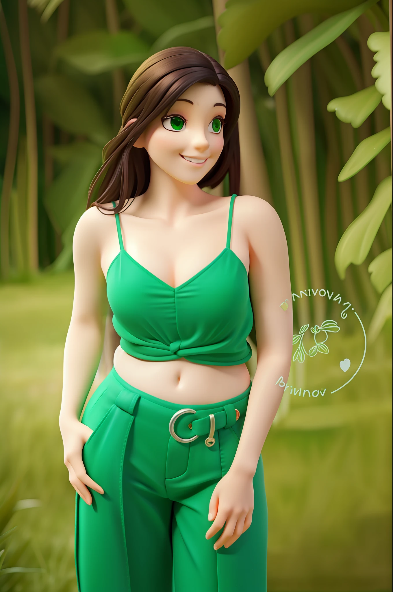 Beautiful woman standing in front smiling sideways, cabelo liso castanho escuro, One hand on the thigh and the other hand on the pocket, Green Loose Vertical Trim Pants, cinto verde fivela dourada, small green strappy blouse, barriga mostra, Green lawn behind, arvores e folhas verdes