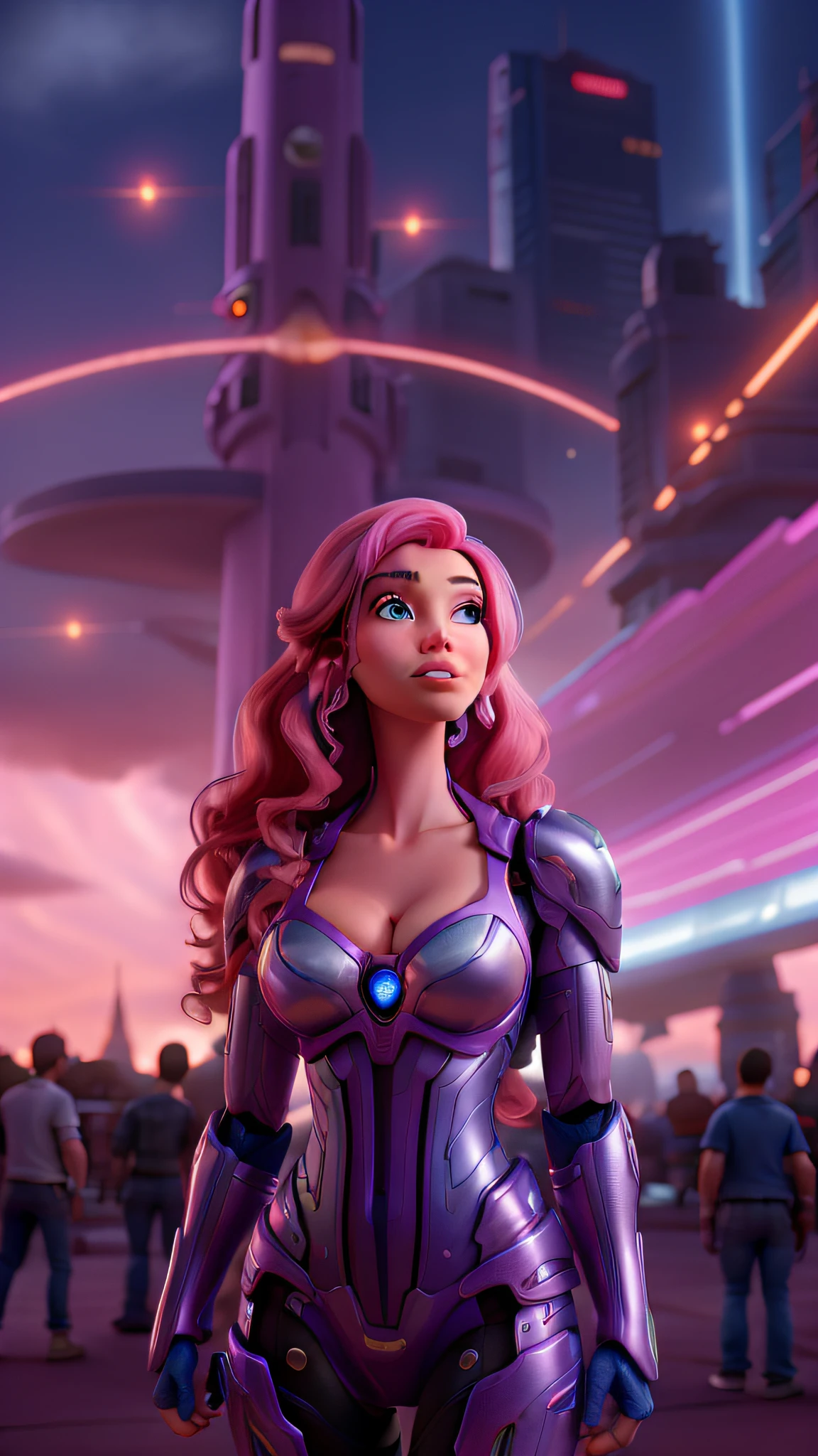 Megan Fox with pink hair, Disney Pixar style, wearing silver armor with blue and pink light circuits, holding a technological weapon in an action pose, background of a futuristic technological city with pink and violet sky