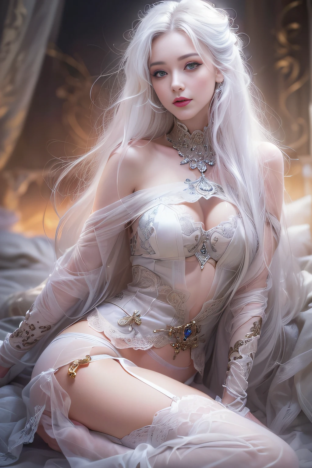 ((tmasterpiece:1.4)、(top-quality:1.4)、(reallistic:1.7))、By Luis Royo(By Luis Royo)Surreal portrait of a beautiful girl、Super beautiful girl、((1girl in:1.4))、Shiny natural skin texture、Authors:By Luis Royo(By Luis Royo)、age19、(Two arms:1.4、Two legs:1.4)、(perfect anatomia:1.4)、(Perfect female body:1.4)、Portrait photo of a girl、Close-up photos、Full body shooting、((masutepiece:1.4), (of the highest quality:1.4), (Realistic:1.7), By Luis Royo, Beautiful Girl, Super beautiful girl, ((1girl in:1. 4), Shiny natural skin texture, Authors: By Luis Royo, 19 years old, (Perfect female body: 1.4), (Perfect female body: 1.) 4), Portrait photo of a girl, Close-up photos, (Full body photo), Fantasy Art, Soft front light, Beautiful expression, Kawaii face, Beautiful breasts, Large Full Breasted: 1. 2, Beautiful buttocks, Fine eyes, Clear and eye-catching, beautiful and alluring, Beautiful eyes, thin waist, Raw photo, Red lips, ((White hair, Long hair)) , 1 Screen View, ((Woman on all fours on silk bed)), (sexyposture), (the milky way in the sky),((T-back panties))、((White garters and garter belts))、(A smile),((posterior view))、((Looks Back))、((Vaginal orchids))、((erection))