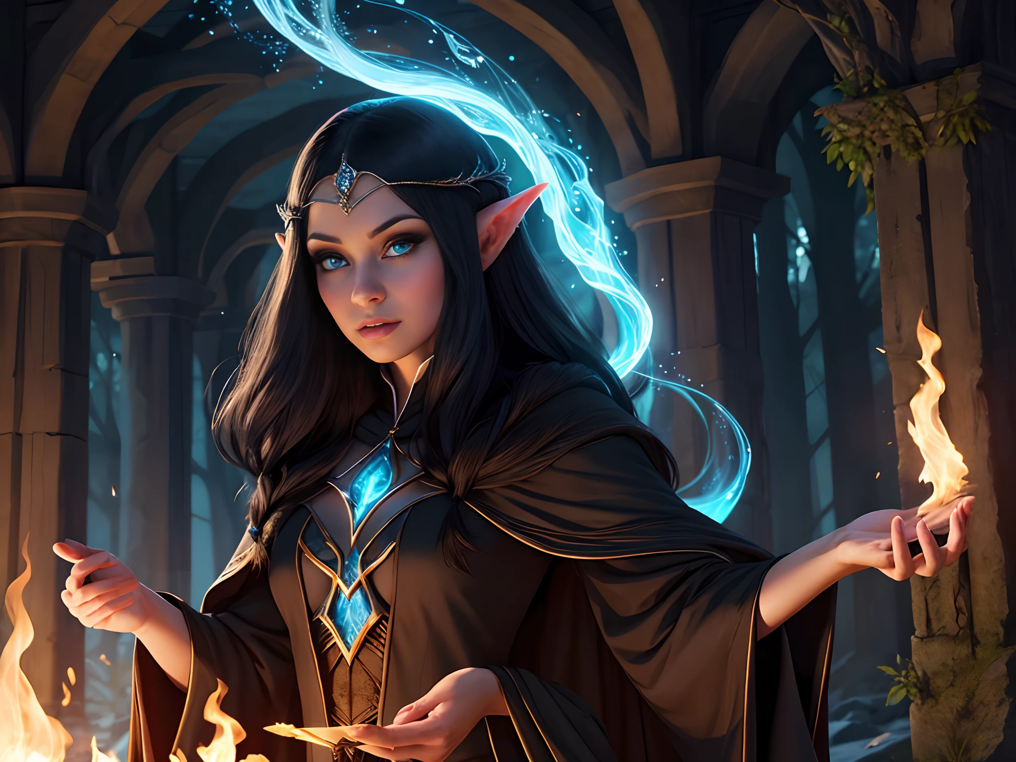 Beautiful elven sorceress + black hair + blue eyes +black robes + fire magic