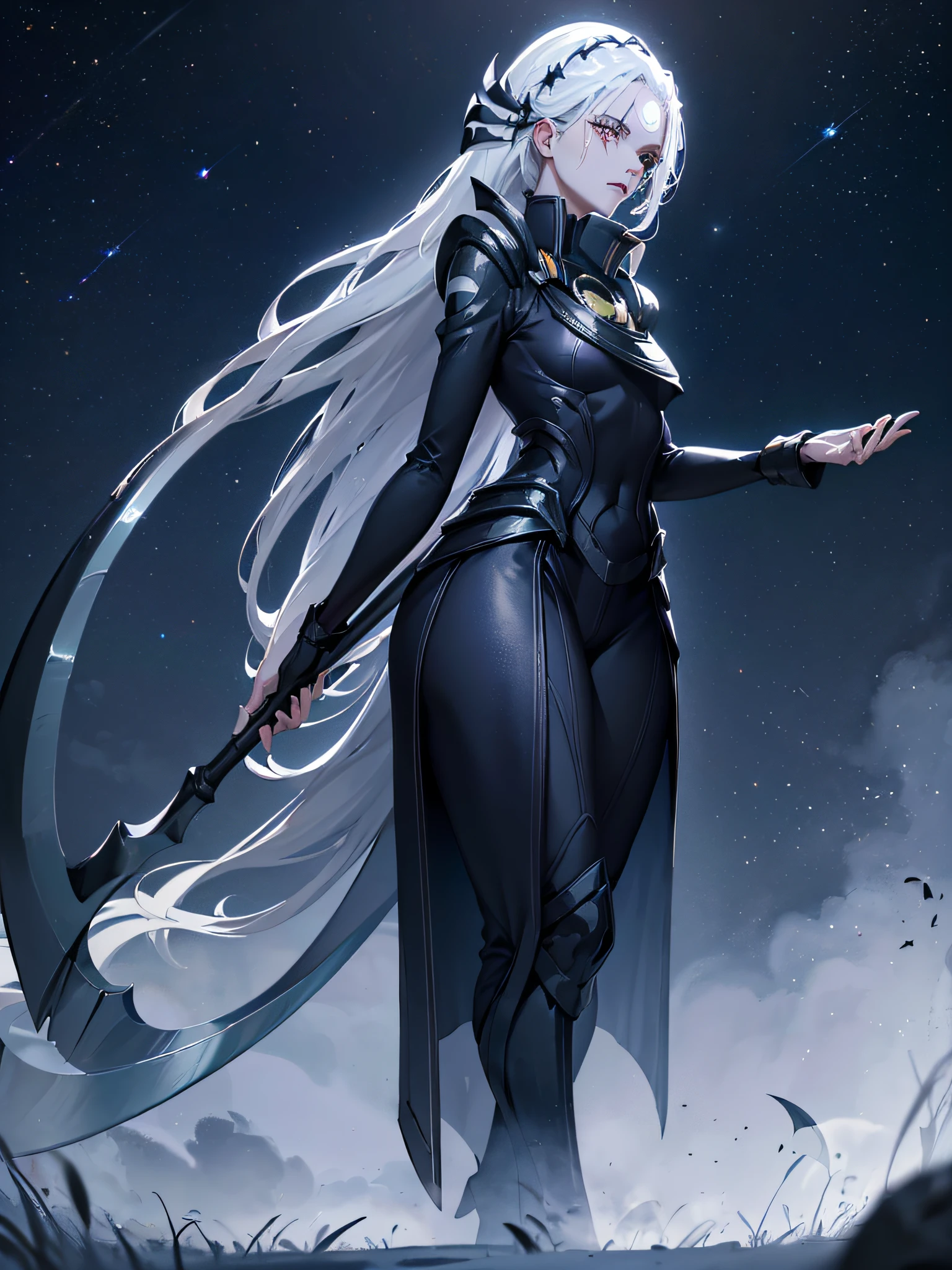 Diana (((holding only a scythe))), long white hair back, white eyes, pale face, voluminous black lips, serious face, her clothes are completely black, full body, big ass, thick thighs, dark blue night sky with stellar nebula, a central gibbous moon, {extremely detailed 16k CG unit wallpaper}, expansive landscape photography, (a view from below with focus on character and setting), (wide open field view), ( low angle photo), (high light: 1.2), (low light: 1.4), (warm light source: 1.2), complex details, (iridescent colors: 1.0), (bright lighting), (atmospheric lighting), Dreamy , aesthetic,