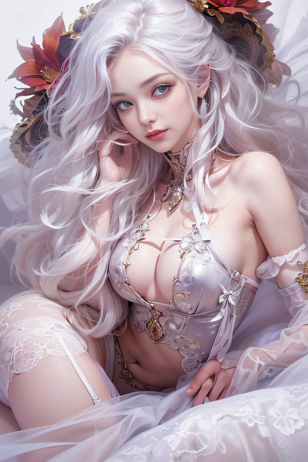 ((tmasterpiece:1.4)、(top-quality:1.4)、(reallistic:1.7))、By Luis Royo(By Luis Royo)Surreal portrait of a beautiful girl、Super beautiful girl、((1girl in:1.4))、Shiny natural skin texture、Authors:By Luis Royo(By Luis Royo)、age19、(Two arms:1.4、Two legs:1.4)、(perfect anatomia:1.4)、(Perfect female body:1.4)、Portrait photo of a girl、Close-up photos、Full body shooting、((masutepiece:1.4), (of the highest quality:1.4), (Realistic:1.7), By Luis Royo, Beautiful Girl, Super beautiful girl, ((1girl in:1. 4), Shiny natural skin texture, Authors: By Luis Royo, 19 years old, (Perfect female body: 1.4), (Perfect female body: 1.) 4), Portrait photo of a girl, Close-up photos, (Full body photo), Fantasy Art, Soft front light, Beautiful expression, Kawaii face, Beautiful breasts, Large Full Breasted: 1. 2, Beautiful buttocks, Fine eyes, Clear and eye-catching, beautiful and alluring, Beautiful eyes, thin waist, Raw photo, Red lips, ((White hair, Long hair)) , 1 Screen View, ((Woman on all fours on silk bed)), (sexyposture), (the milky way in the sky),((T-back panties))、((White garters and garter belts))、(A smile),((posterior view))、((Looks Back))、((Vaginal orchids))、((erection))