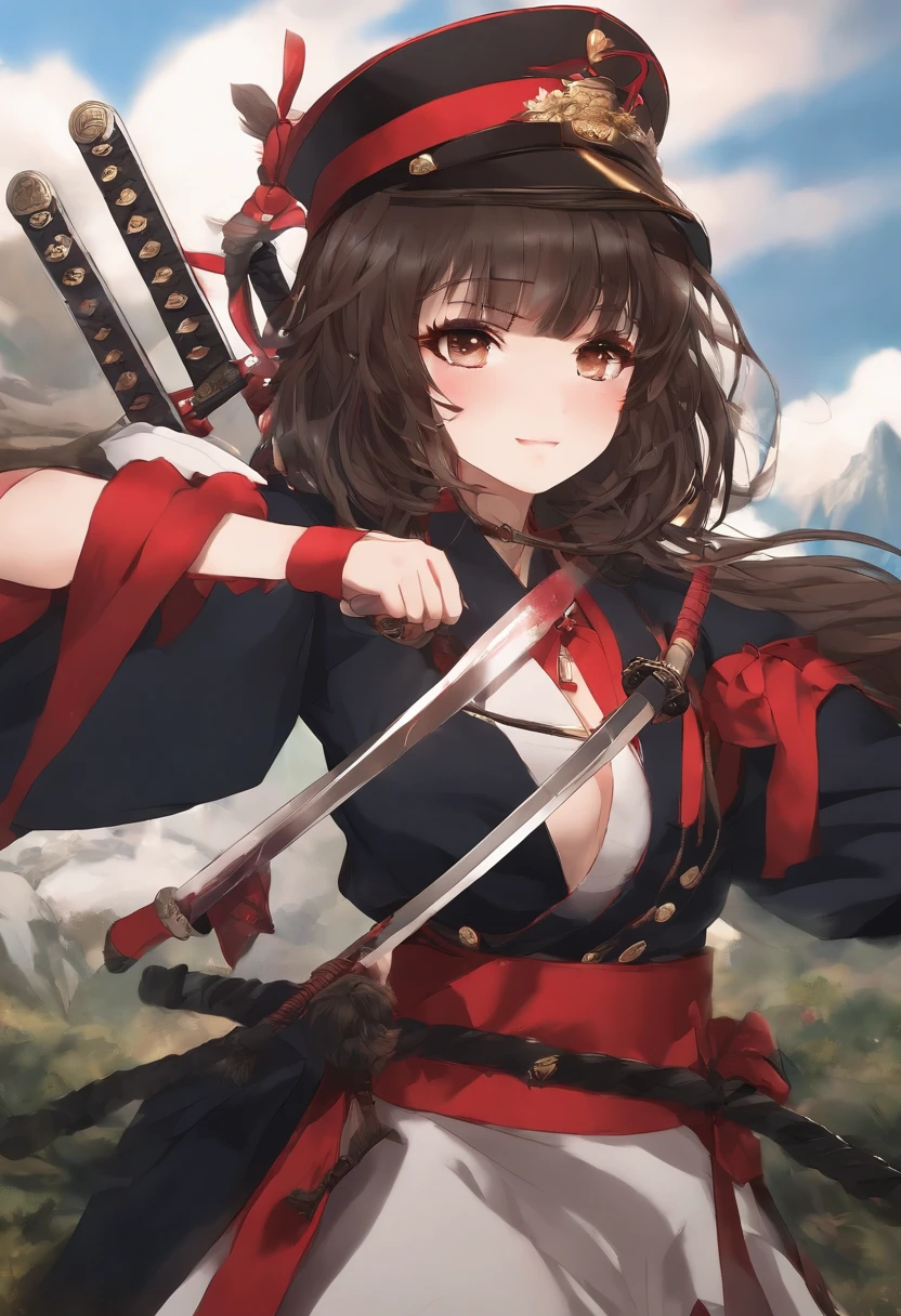 Crie uma loli, com cabelos ruivos de cabelo grande, olhos vermelhos, white skin and wear a Japanese military outfit holding a huge sword(katana).