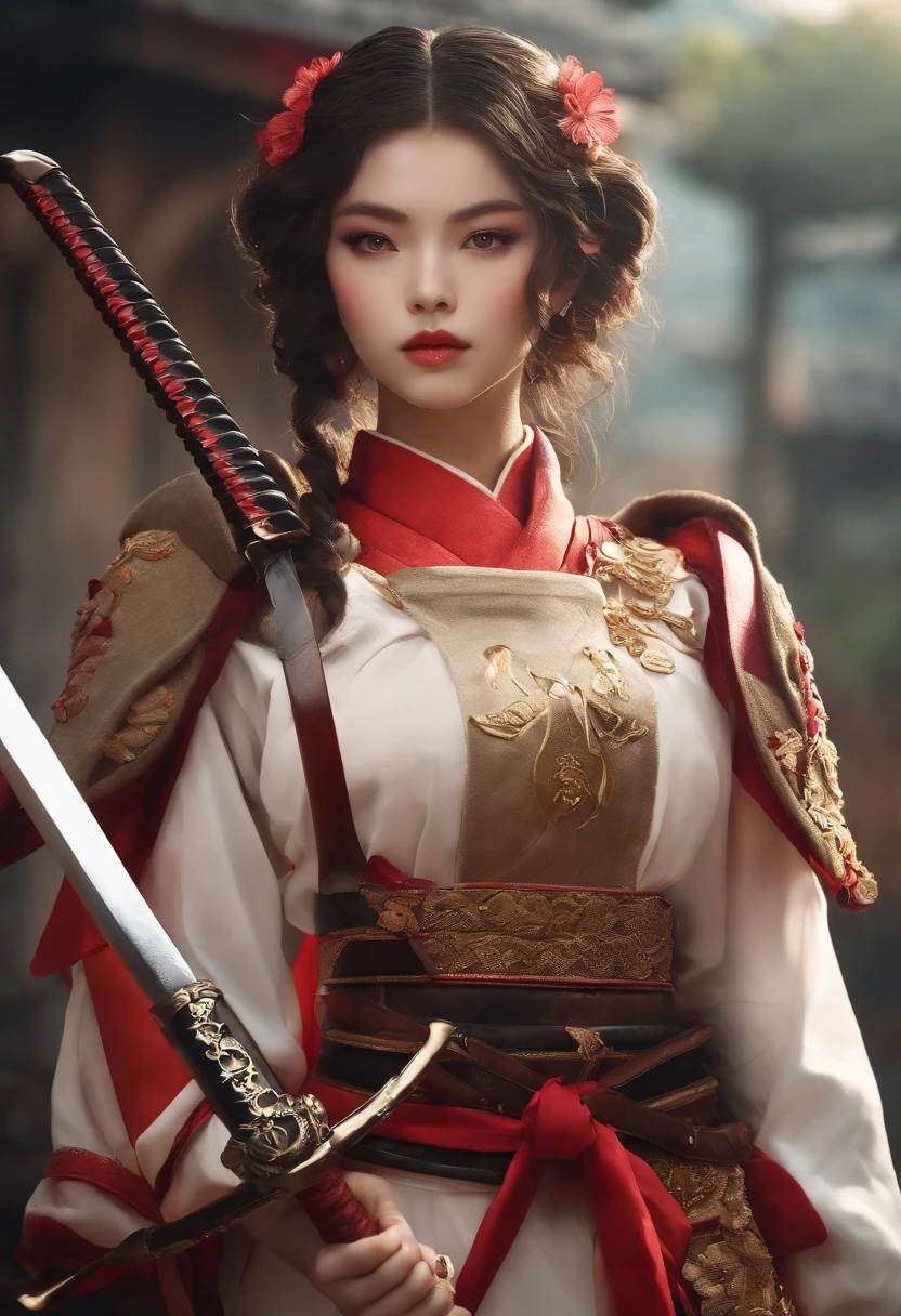 Crie uma ****, com cabelos ruivos de cabelo grande, olhos vermelhos, white skin and wear a Japanese military outfit holding a huge sword(katana).