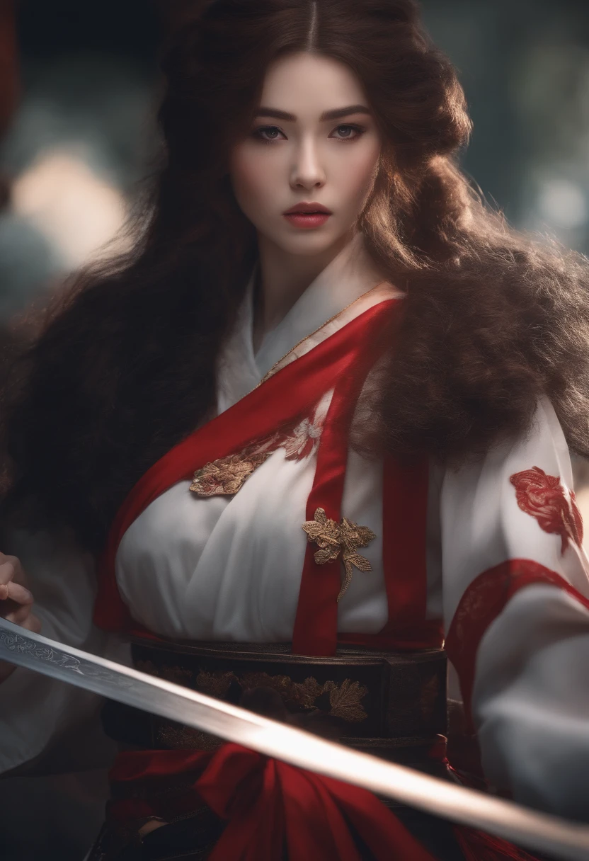 Crie uma loli, com cabelos ruivos de cabelo grande, olhos vermelhos, white skin and wear a Japanese military outfit holding a huge sword(katana).