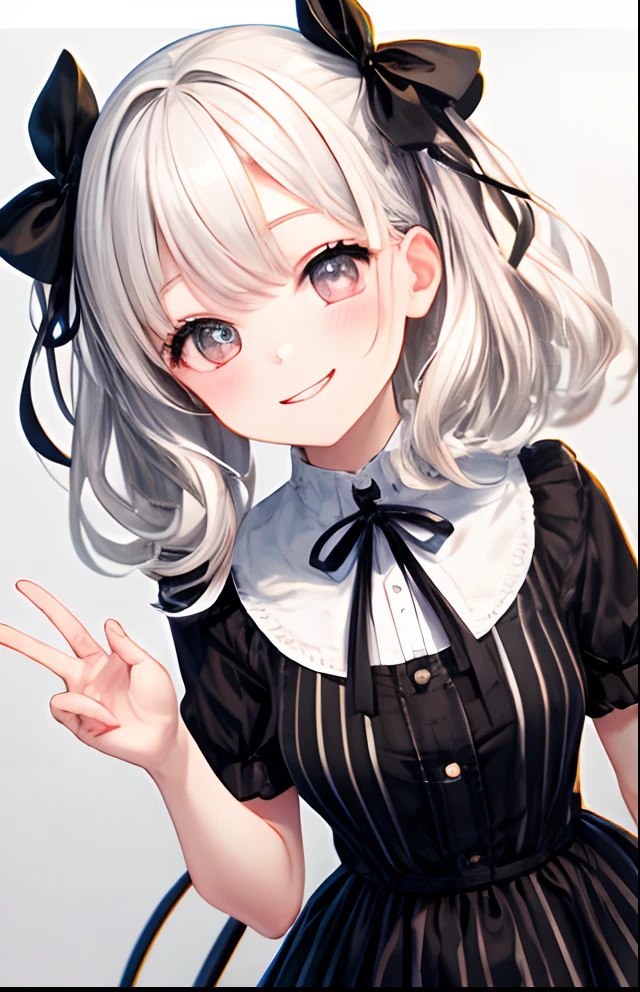 girl with、No background、without background、Background through、Golden white hair、Pink ash、short-cut、Two knots、Twin-tailed、Sareme、Gray eyes、black and white eyes、Black and white dress、Black and white striped clothes、Striped ribbon、A smile、Kind face、kawaii、without background