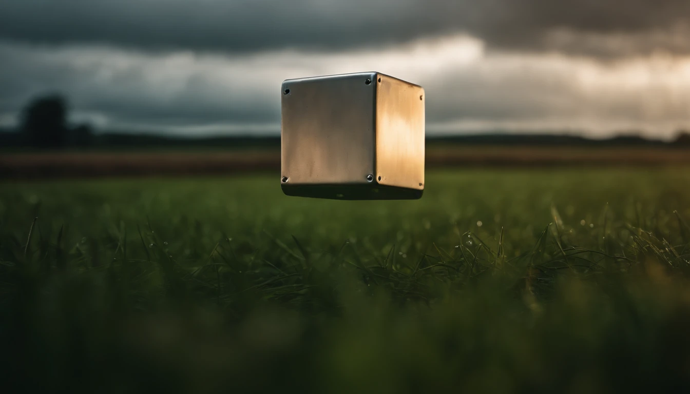 Cloud in the shape of a cube made out of steel, cube is leaking rain onto the grass, raining down on the flatlands