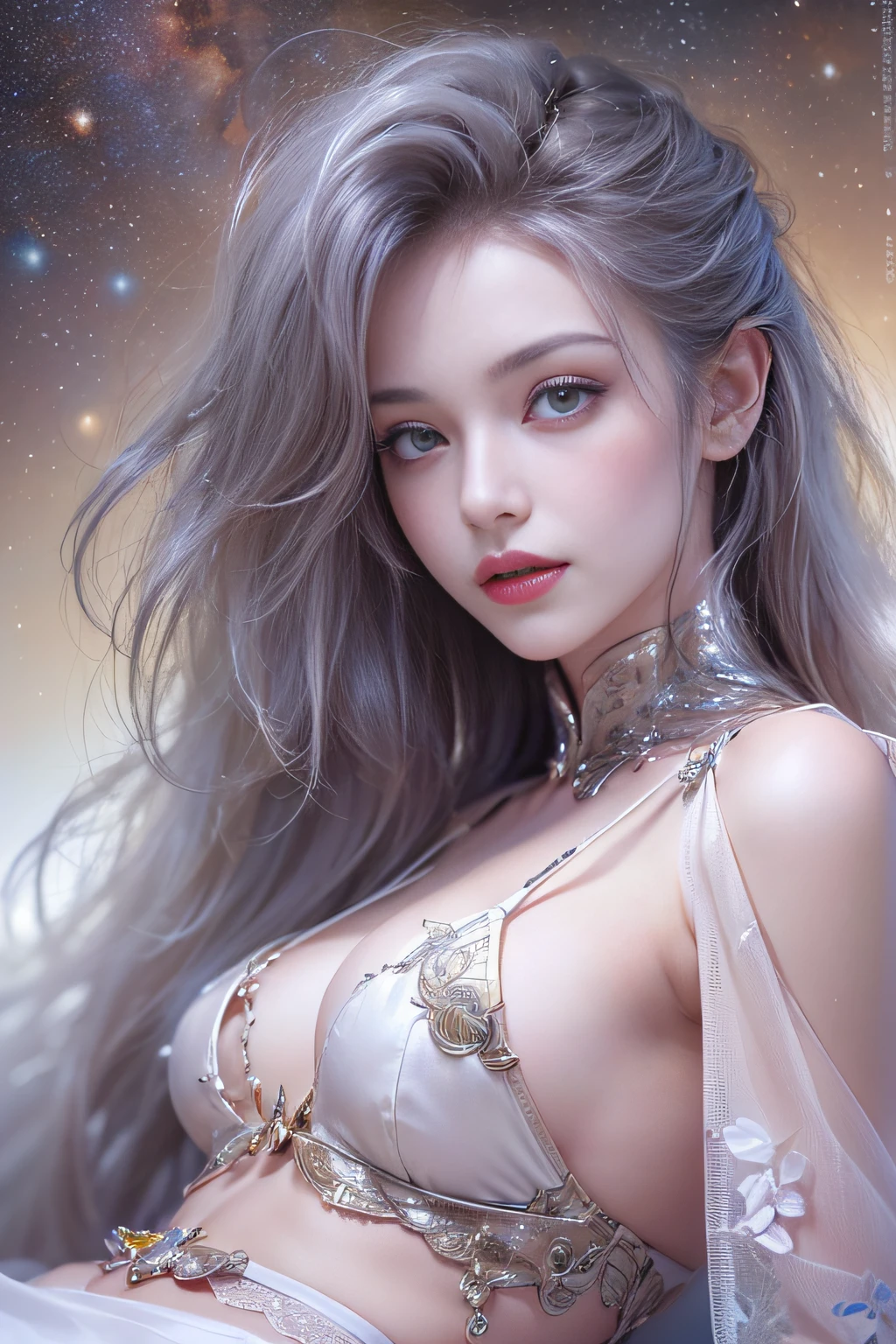 ((tmasterpiece:1.4)、(top-quality:1.4)、(reallistic:1.7))、By Luis Royo(By Luis Royo)Surreal portrait of a beautiful girl、Super beautiful girl、((1girl in:1.4))、Shiny natural skin texture、Authors:By Luis Royo(By Luis Royo)、age19、(Two arms:1.4、Two legs:1.4)、(perfect anatomia:1.4)、(Perfect female body:1.4)、Portrait photo of a girl、Close-up photos、Full body shooting、((masutepiece:1.4), (of the highest quality:1.4), (Realistic:1.7), By Luis Royo, Beautiful Girl, Super beautiful girl, ((1girl in:1. 4), Shiny natural skin texture, Authors: By Luis Royo, 19 years old, (Perfect female body: 1.4), (Perfect female body: 1.) 4), Portrait photo of a girl, Close-up photos, (Full body photo), Fantasy Art, Soft front light, Beautiful expression, Kawaii face, Beautiful breasts, Large Full Breasted: 1. 2, Beautiful buttocks, Fine eyes, Clear and eye-catching, beautiful and alluring, Beautiful eyes, thin waist, Raw photo, Red lips, ((White hair, Long hair)) , 1 Screen View, ((Woman on all fours on silk bed)), (sexyposture), (the milky way in the sky),((T-back panties))、((White garters and garter belts))、(A smile),((posterior view))、((Looks Back))、((Vaginal orchids))、((erection))