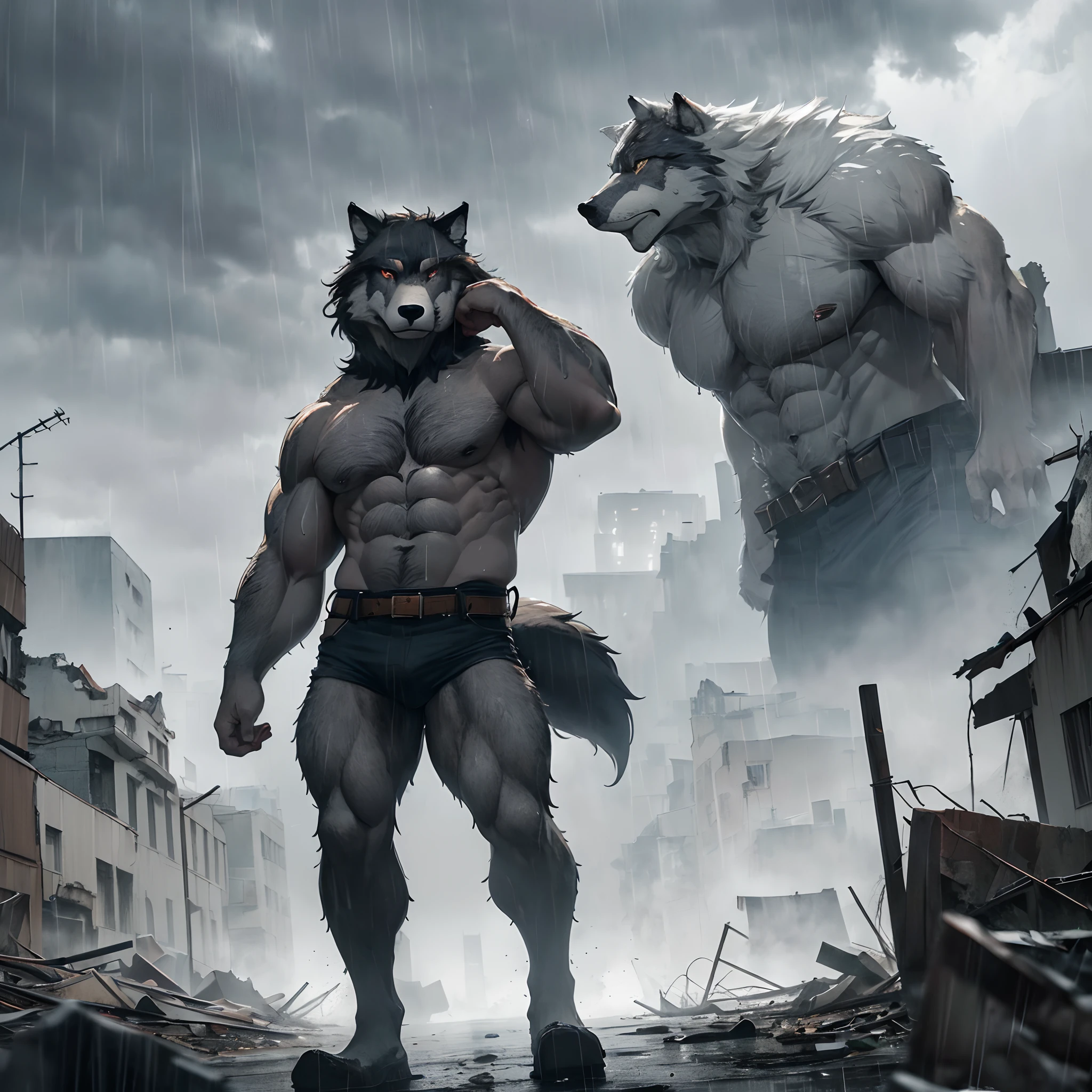 extremely detailed, detailed face, detailed eyes, detailed muscle, (view full body), ((1man)), (object (big muscular old man (furry wolf) standing with face up looking sad expression behind the building)), the old man is soldier and wearing soldier uniform, old man (big muscular, big muscle, bodybuilder, facial hair, beaded, white beard, battel scar face, short hair, white hair, strong character, strong muscle), (background ((heavy rain, fog, overcast sky, gray clouds, waster land, post-apocalypse, ruined city))), (photography (50mm lens, cinematic, cinematic color)) giant