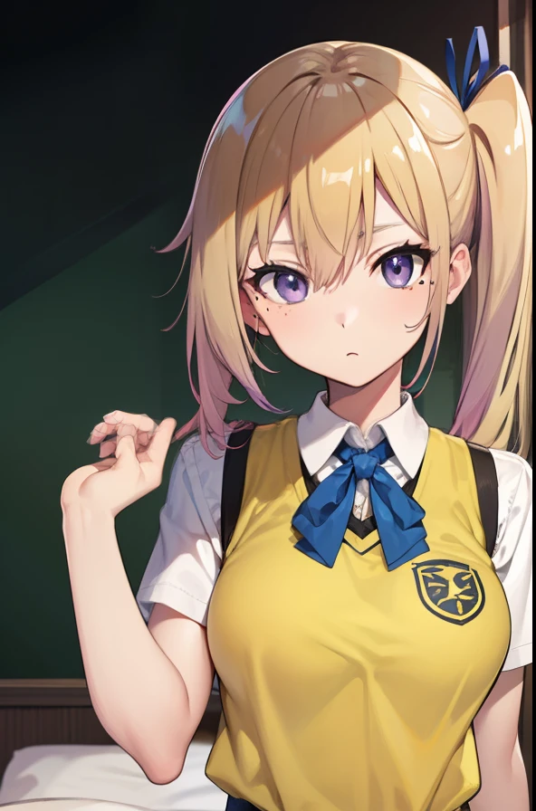 maikawakami, mai kawakami, blonde hair, hair ribbon, long hair, mole, mole under eye, ribbon, side ponytail, (purple eyes:1.2),
BREAK school uniform, skirt, vest, yellow vest, buruma,
BREAK indoors, bed,
BREAK looking at viewer,
BREAK (masterpiece:1.2), best quality, high resolution, unity 8k wallpaper, (illustration:0.8), (beautiful detailed eyes:1.6), extremely detailed face, perfect lighting, extremely detailed CG, (perfect hands, perfect anatomy),