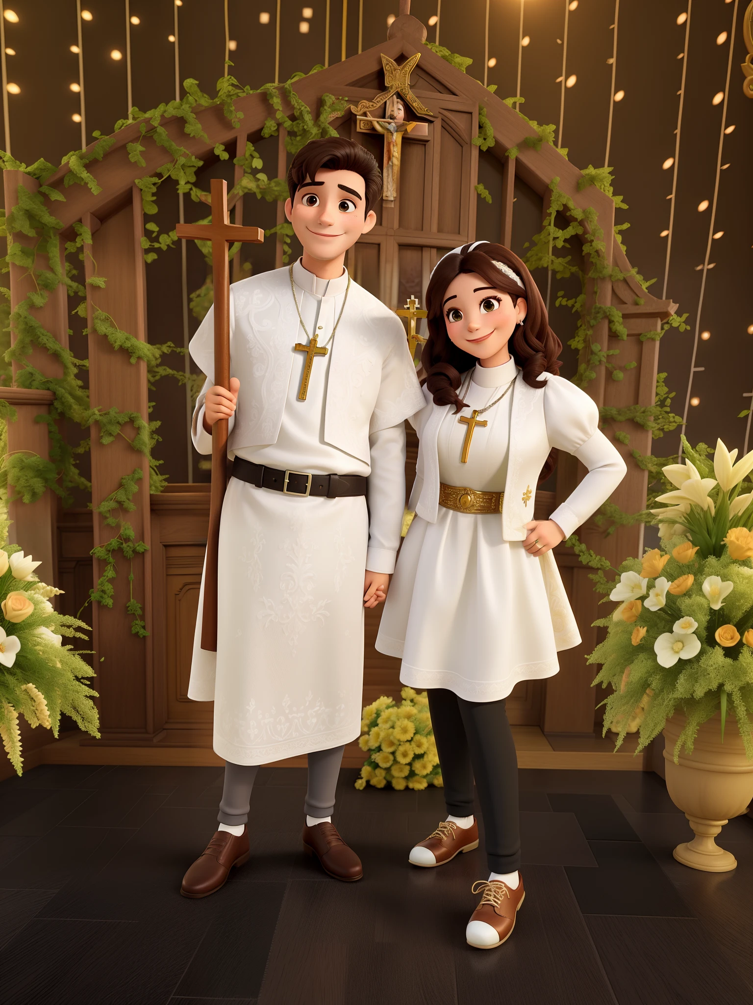Casal fantasiado de pastor e sua ovelha, Smiling in a catholic church