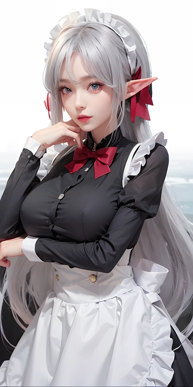 1girl,huge breast,elf, gray hair, red eyes,maid dress, ultra detailed, masterpiece, realistic