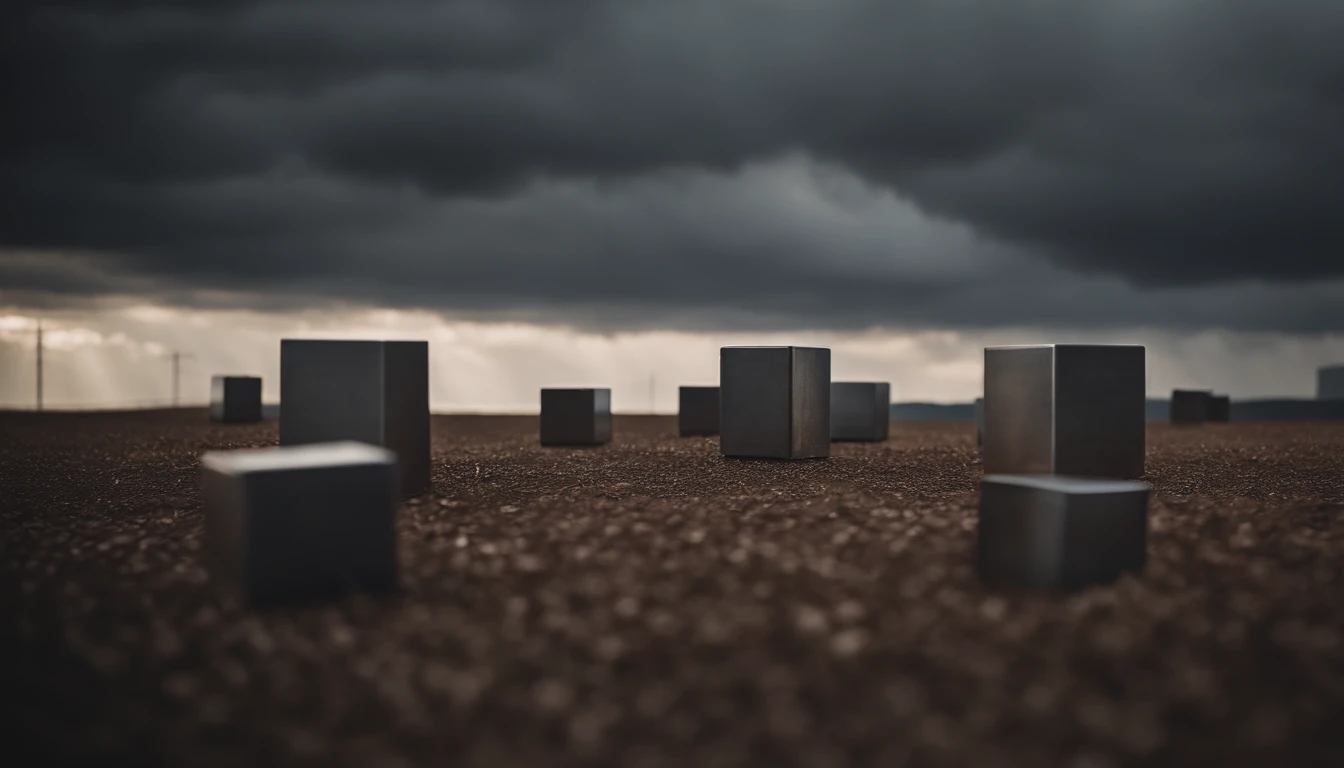 Clouds in the shape of cubes made out of steel, raining down on the flatlands