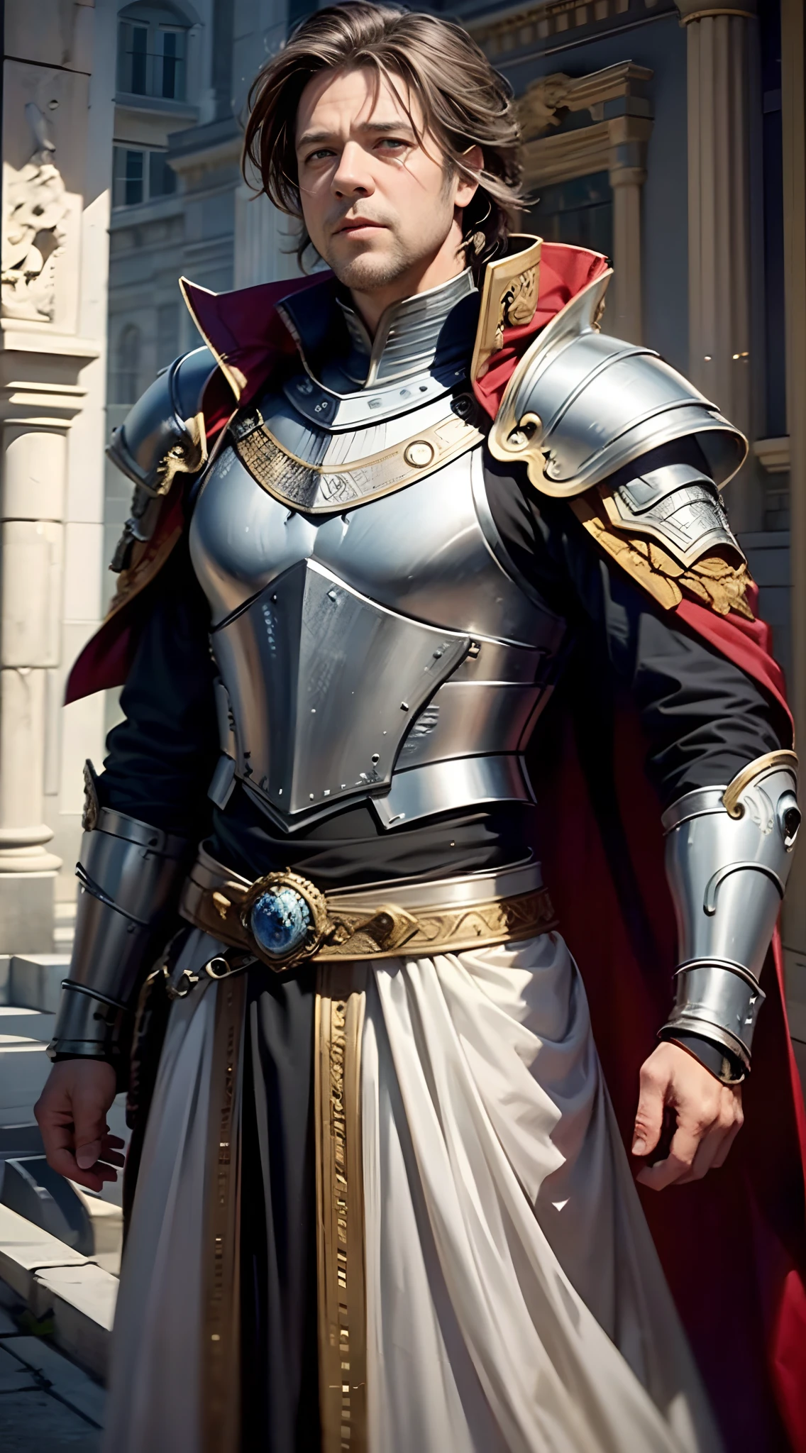 It depicts a general of the Roman Empire in 180 AD,(Man 1.8),Maximus(Russell Crowe(Russell Ira Crowe)adorn)He was a Roman Empire general with great achievements,The Imperial Legions under his command are victorious,Invincible。(he is about 50 years old),Short dark brown hair,Small waves,Short hairy beard,Tall, well-proportioned figure,Strong body,Thick chest hair,Strong muscles,Delicate muscle contours, Realistic depiction, 4K quality,Meticulous muscle definition, Realistic depiction, Correct anatomy,8K, High definition, Detailed face, Detailed eyes,Dressed in classic Roman armor,There is a layered combination of leather armor and plate armor,Black with gold decorative cuirass,(Middle-aged 1.6),Down,powerful,great,MAN,Exuberant energy,confident smile,serious expressions,
