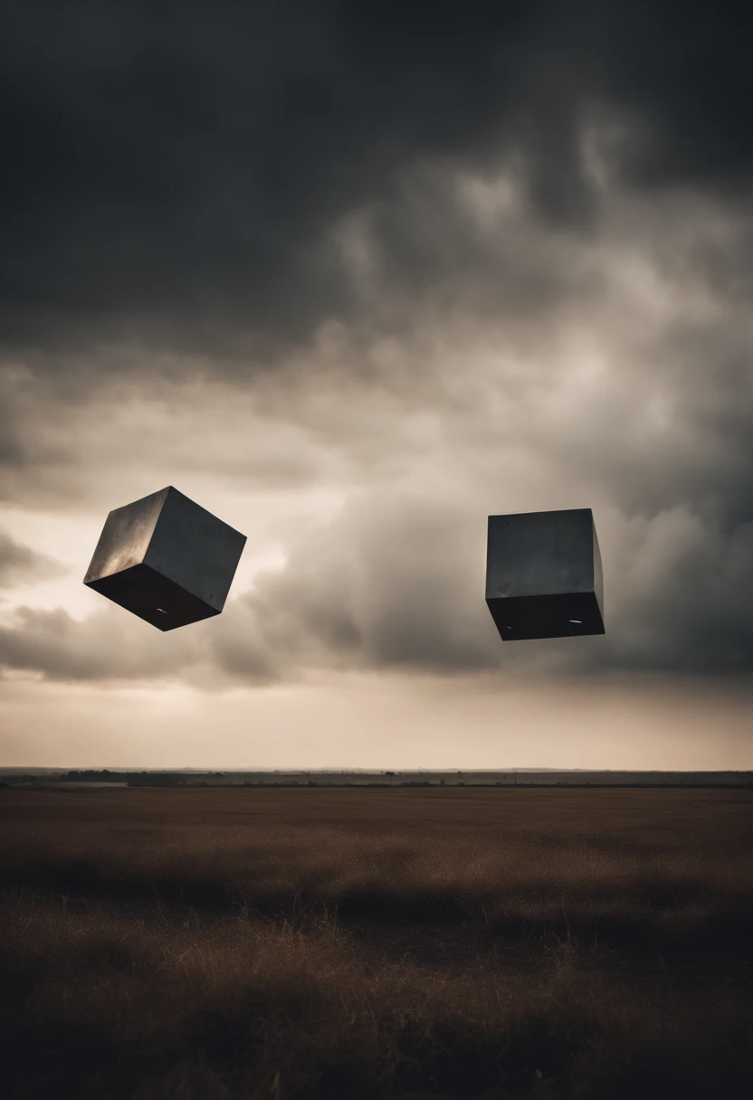 Clouds in the shape of cubes made out of steel, raining down on the flatlands