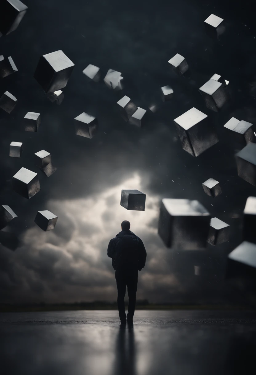 Clouds in the shape of cubes made out of steel, raining down on the flatlands
