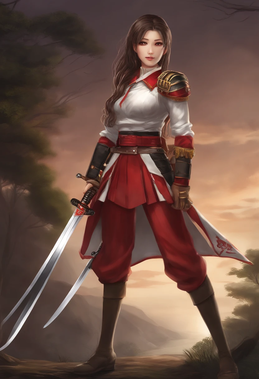 Crie uma loli, com cabelos ruivos de cabelo grande, Olhos vermelhos, pele branca e usar um uniforme militar japones segurando uma espada enorme(Katana) Anime version: High resolution no landscape background, high accuracy in details without errors.