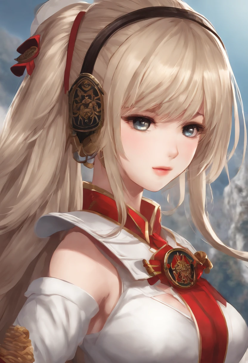 Crie uma , com cabelos ruivos de cabelo grande, Olhos vermelhos, pele branca e usar um uniforme militar japones segurando uma espada enorme(Katana) Anime version: High resolution no landscape background, high accuracy in details without errors.