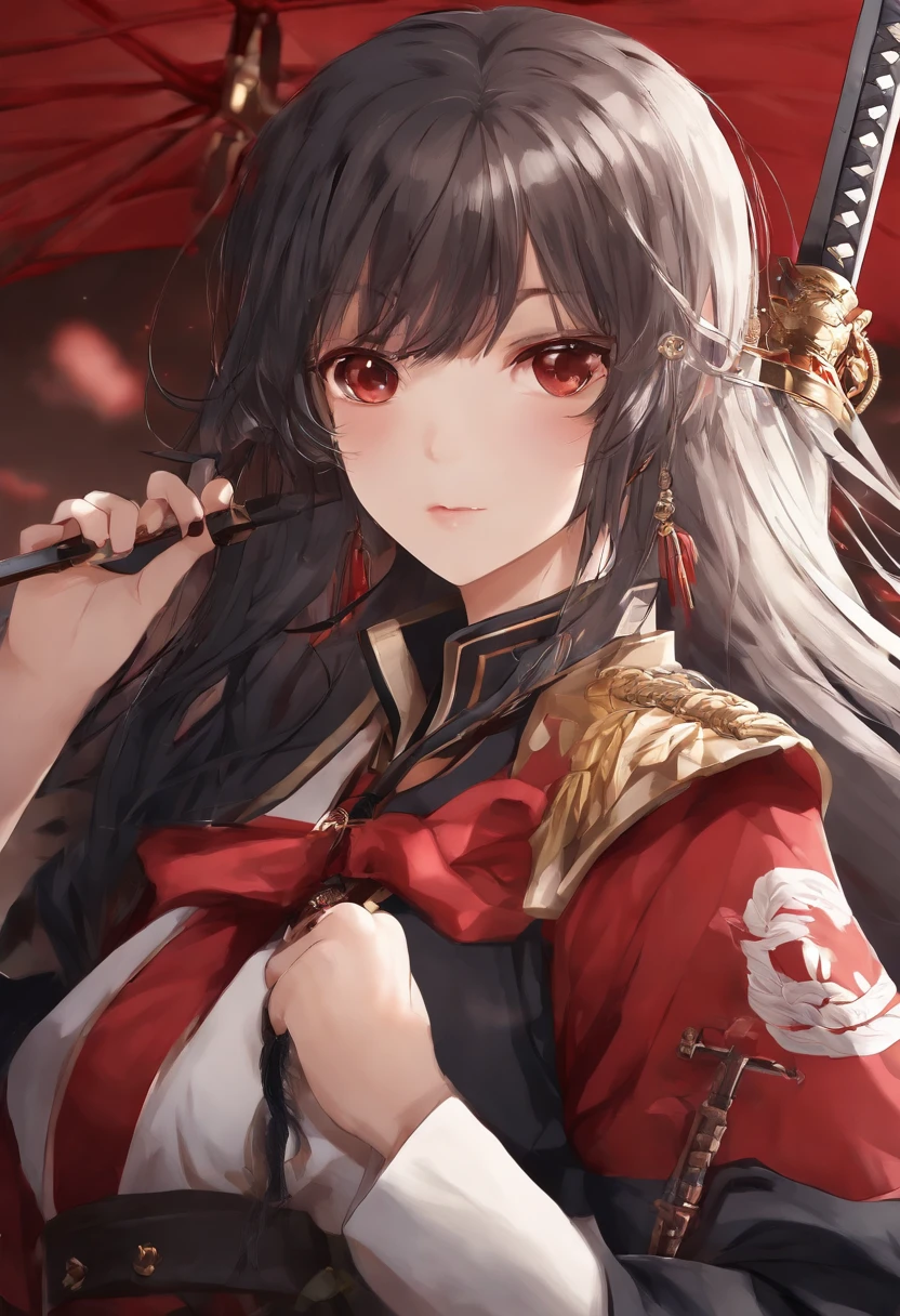 Crie uma loli, com cabelos ruivos de cabelo grande, Olhos vermelhos, pele branca e usar um uniforme militar japones segurando uma espada enorme(Katana) Anime version: High resolution no landscape background, high accuracy in details without errors.