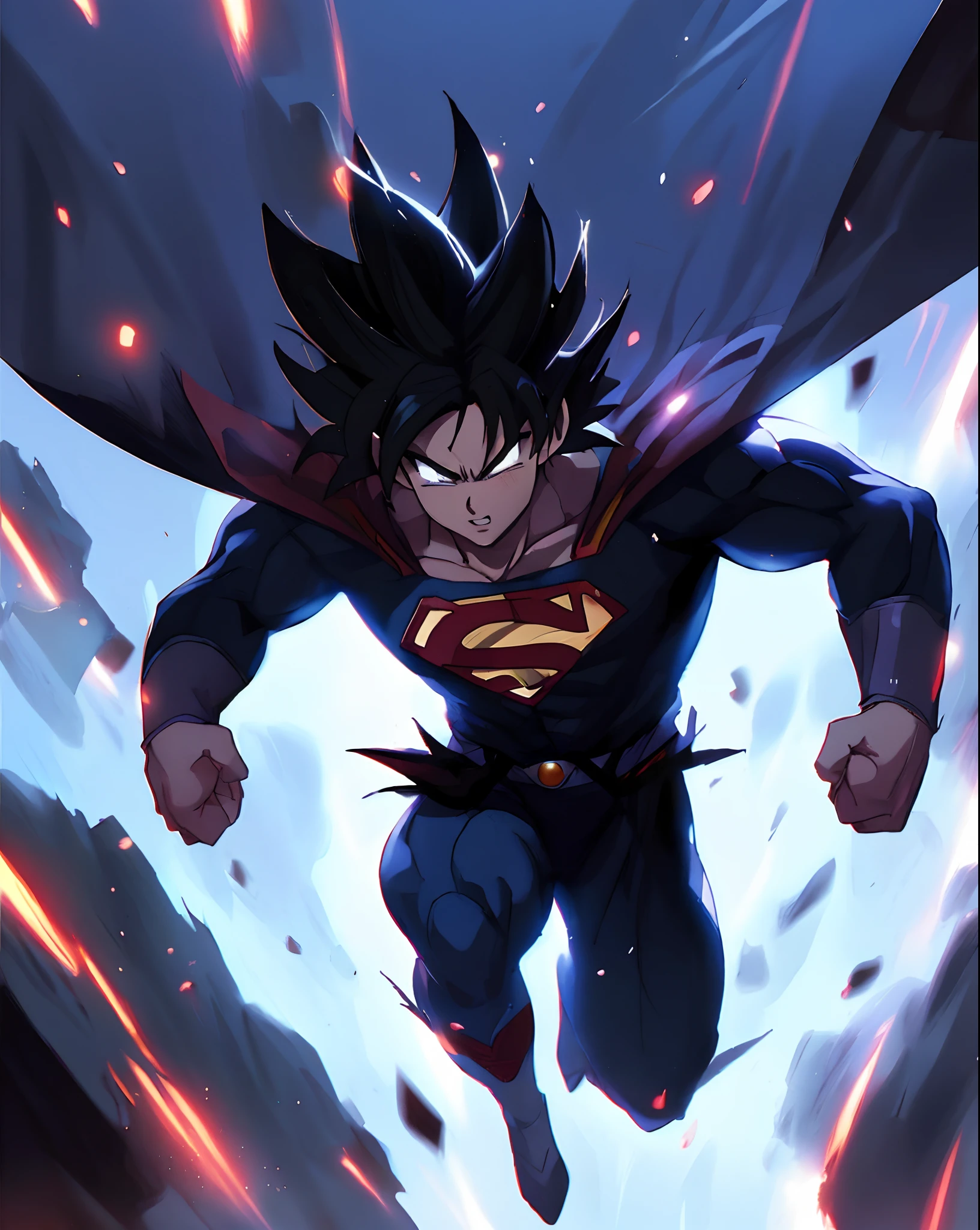 Create an image of a modern superhero soaring through the city skyline, with a striking and powerful pose, showcasing their extraordinary abilities, 1man flying through the air with his cape open, ultra instinct, fan art, super high quality art, anime epic artwork, badass anime 8 k, high quality fanart, high quality anime artstyle, 4 k manga wallpaper, official artwork, official art, anime, 4k anime wallpaper, son goku, superman