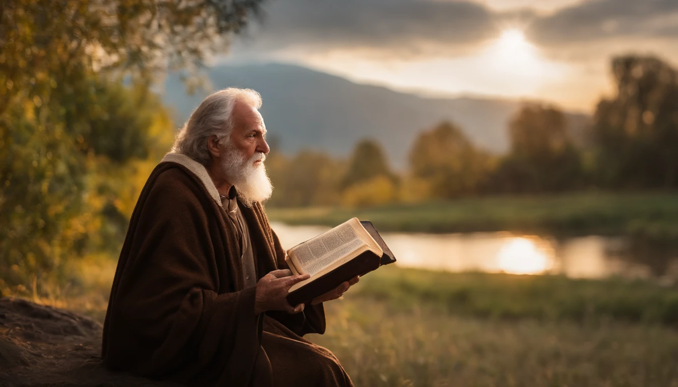 (Biblical times) On the left is an old man,of the time of Jesus Christ,holding a Bible in his hand, Revelations Come Out of the Bible, profundidade de campos, Bokeh, Realismo de Hentail, fotorrealista, realismo ultrarrealista, Fotografado profissional, 8K UHD , Digital SLR, HDR , Primary tablet, melhor qualidade, filme granular, pinturas fotorrealistas, Fujifilm XT3