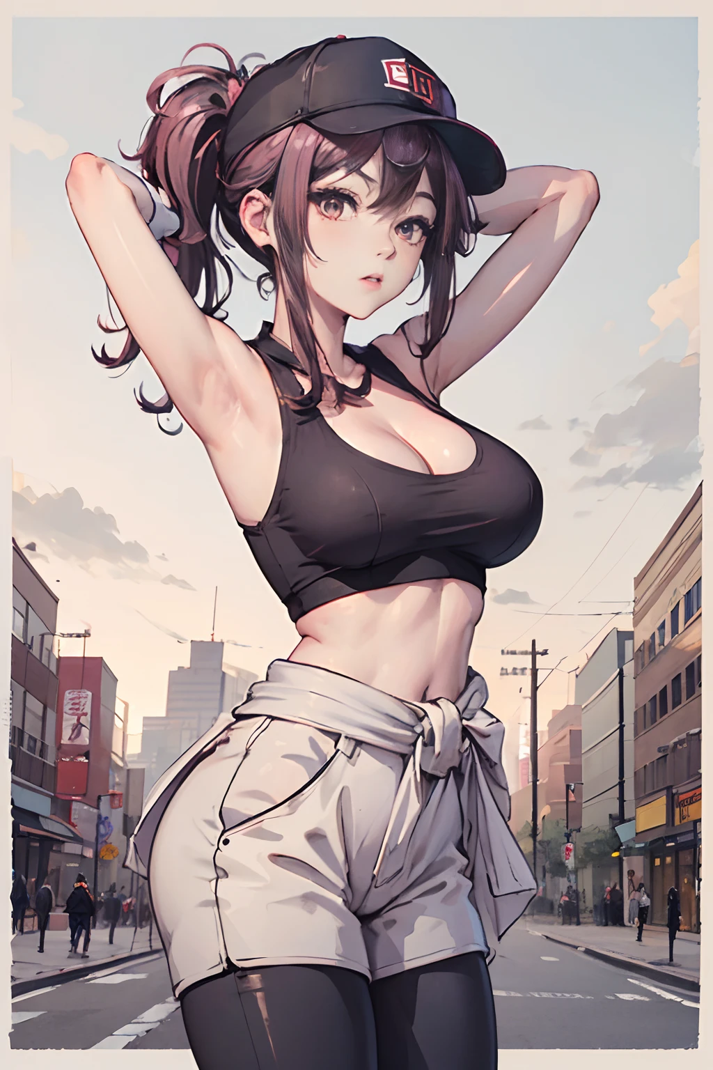 tmasterpiece， Best quality at best， pdsivir， baseball cap， pony tails， White crop top top， gloves on the elbow， shorter pants， Clothes around the waist，big cleavage breasts， Red thighs and thighs， From the front side， looking at viewert， The arms are behind the head， the street， Wagas， 城市