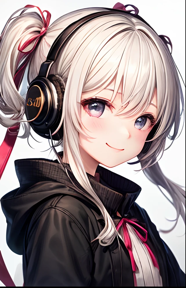 girl with、No background、without background、Background through、Golden white hair、Pink ash、short-cut、Two knots、Twin-tailed、Sareme、Gray eyes、Black coat、Winding muffler、Earmuffs、long-sleeve、Striped ribbon、A smile、Kind face、kawaii、without background