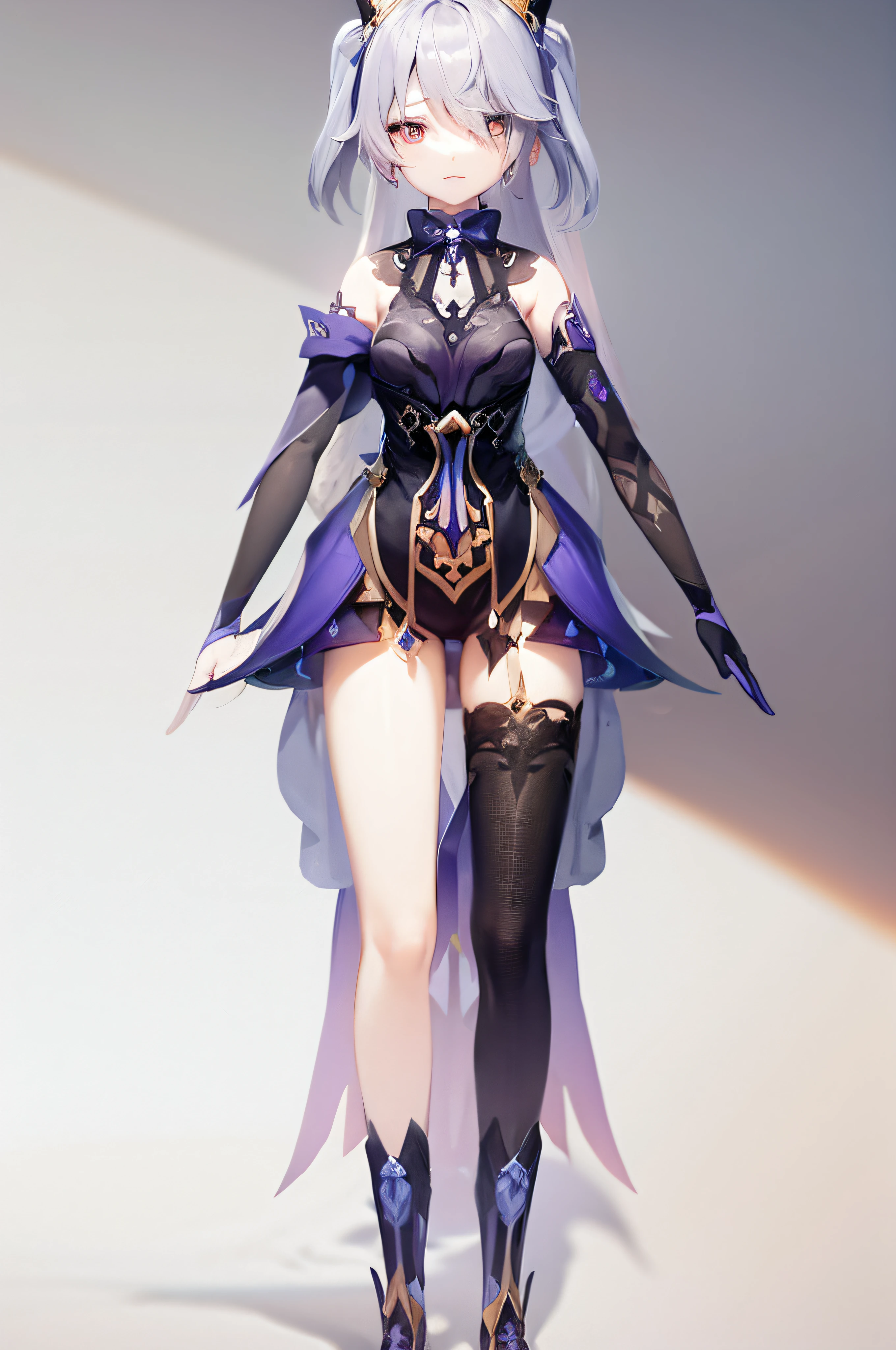 Anime character in purple costume and black boots, Ayaka Genshin impact, astral witch clothes, ayaka game genshin impact, Genshin impact's character, full body adoptable, black and violet costume, dark sorceress fullbody pose, full-body xianxia, Genshin Impact style, Keqing from Genshin Impact, clothing design, detailed full body concept art