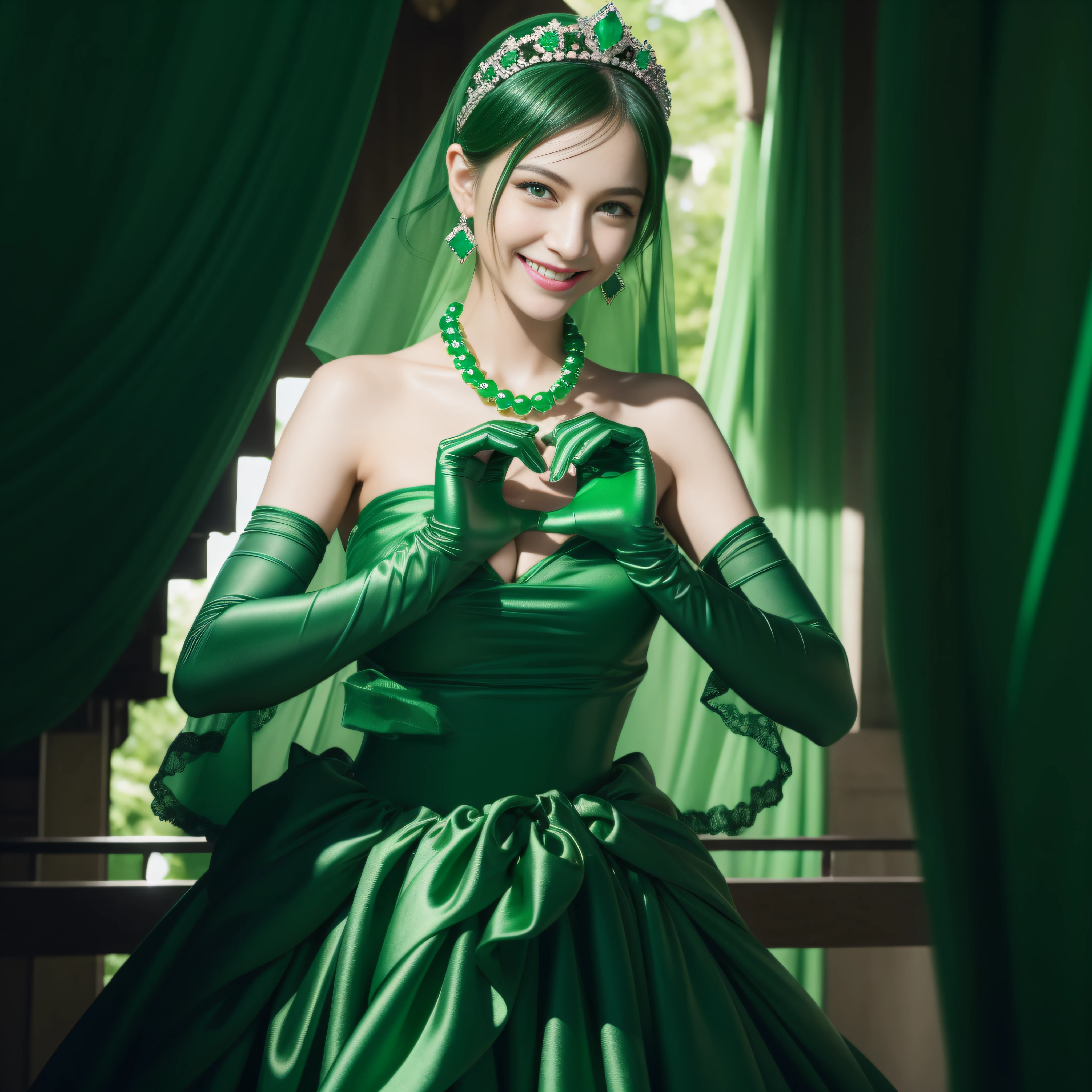 emerald tiara, Green Pearl Necklace, Boyish very short black hair, lipsticks, Japan woman smiling, very short short hair, big breasts beautiful, Green eyes, Long green gloves made of satin material, Green eyes, Emerald Earrings, green vale, Heart with both hands