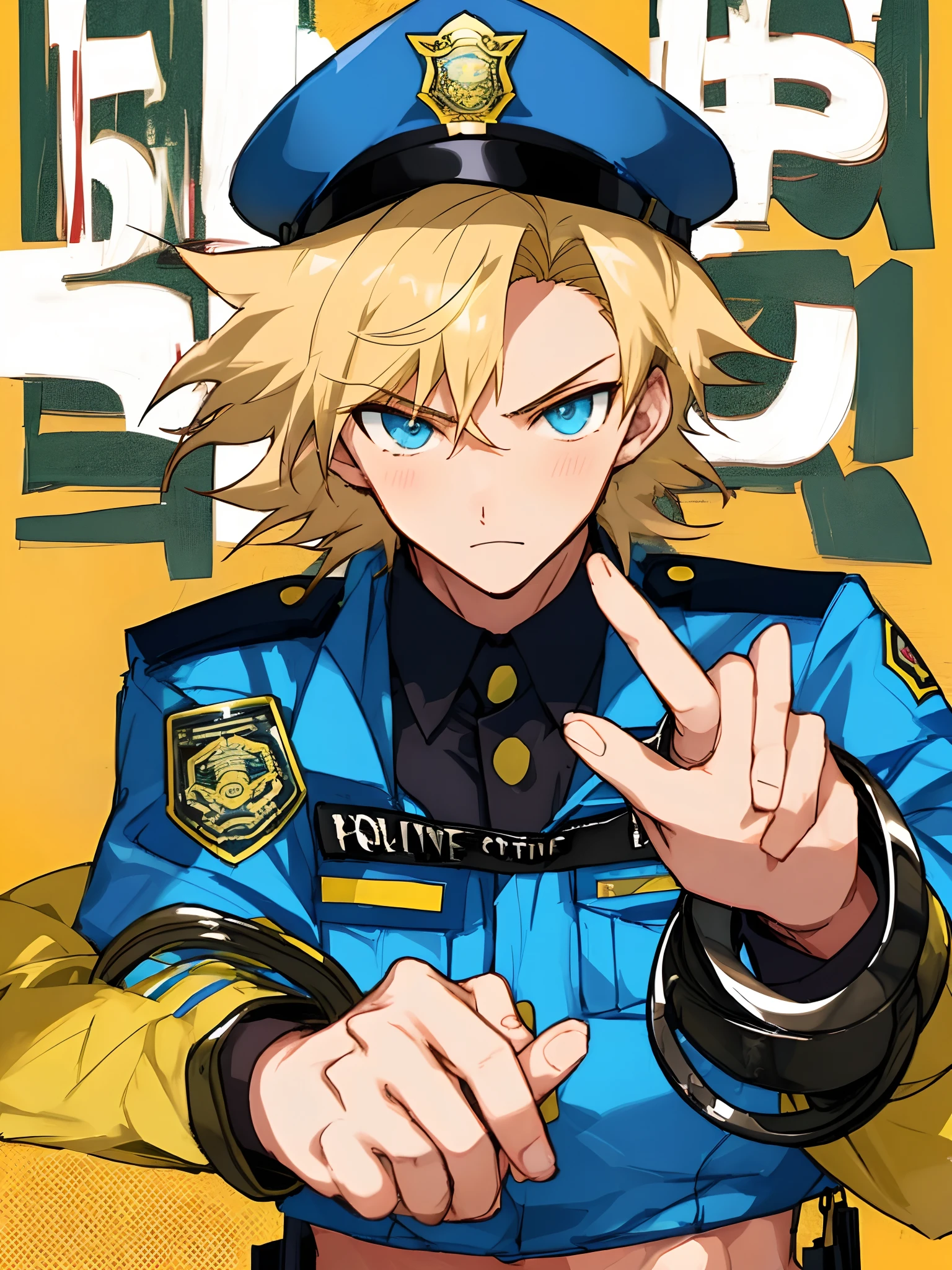 best quality, Hot anime guy police man teenager with blond messy hair really hot and holding hand cuffs
