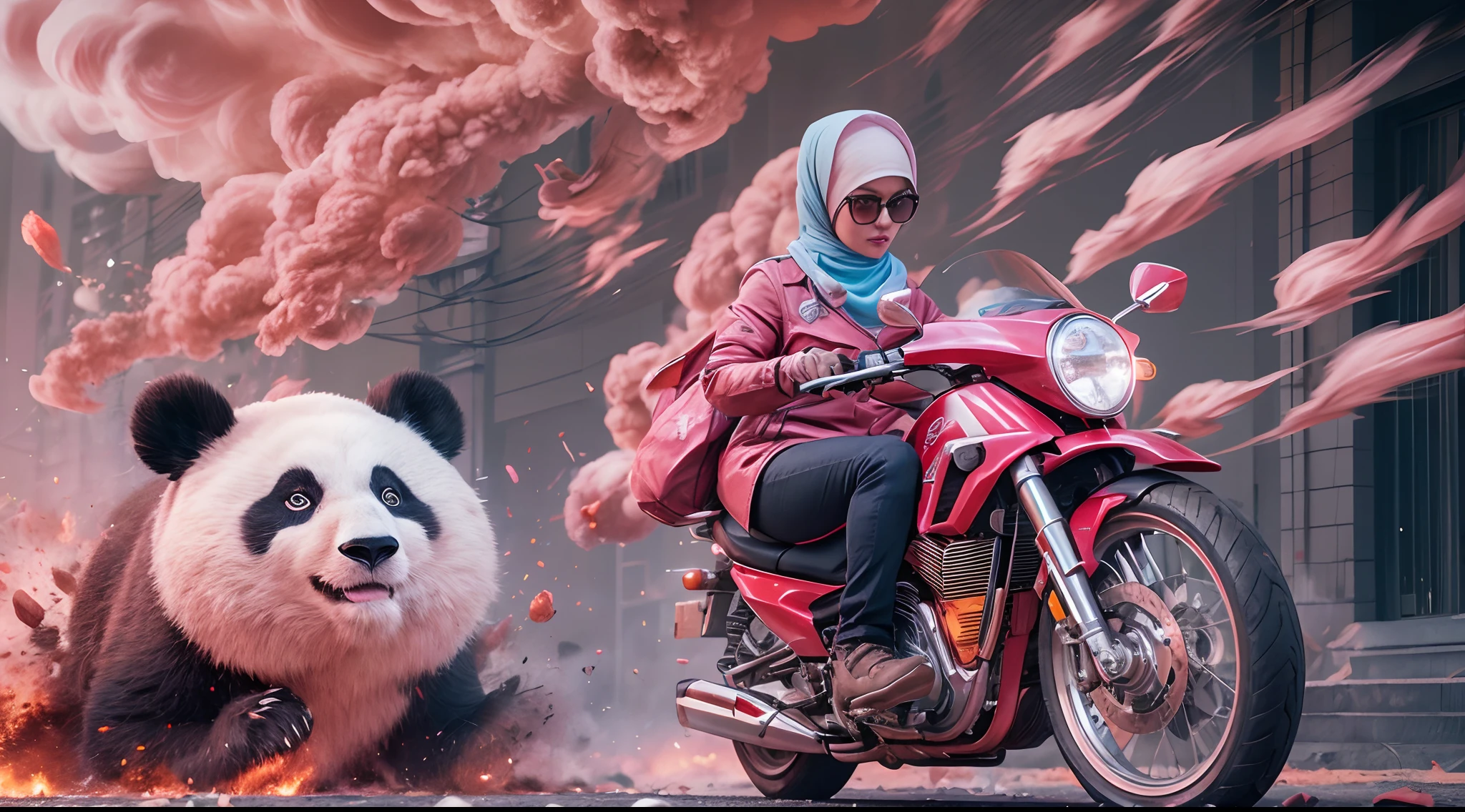 Slim beautiful malay woman in hijab with pink jacket with big panda ride a pink delivery motorcycle very fast to escape from explosion, pink food delivery motorcycle, foodpanda delivery, panda emblem at delivery box, pink delivery box, sunglasses, sci-fi, with gun, pink explosions behind, big pink explosion, lot of pink smoke effect, dramatic scene, movie poster, 30mm lense, wide Establishing shot, muted color grading, cinemascope, high quality, using Panavision DXL2 camera,