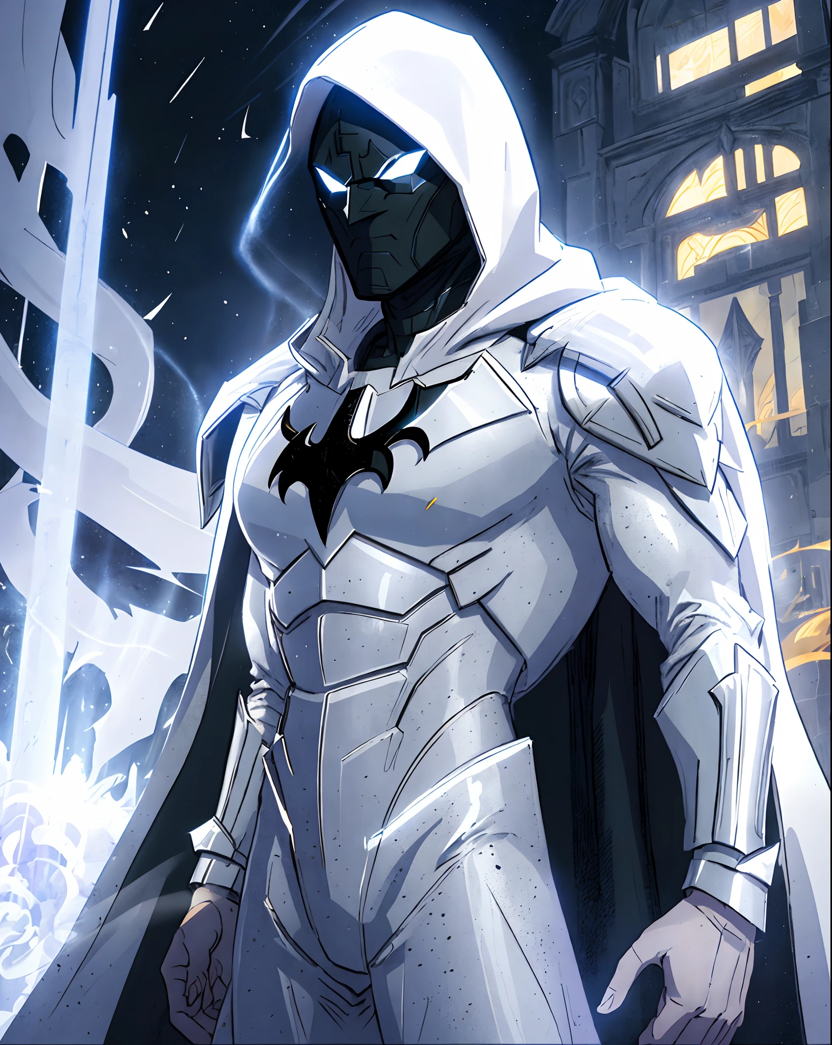 Design an artwork of a valiant knight in shining armor, standing resolute against a dragon, with a majestic and epic backdrop, batman in a white suit with a hood and cape, moon knight, female moon knight, sleek streamlined white armor, streamlined white armor, white superior iron woman, sleek bright white armor, modern clean white armor, sleek white armor, tor from marvel, matt white color armor, style of raymond swanland, white armor, white cloak, goddess as spiderbatman